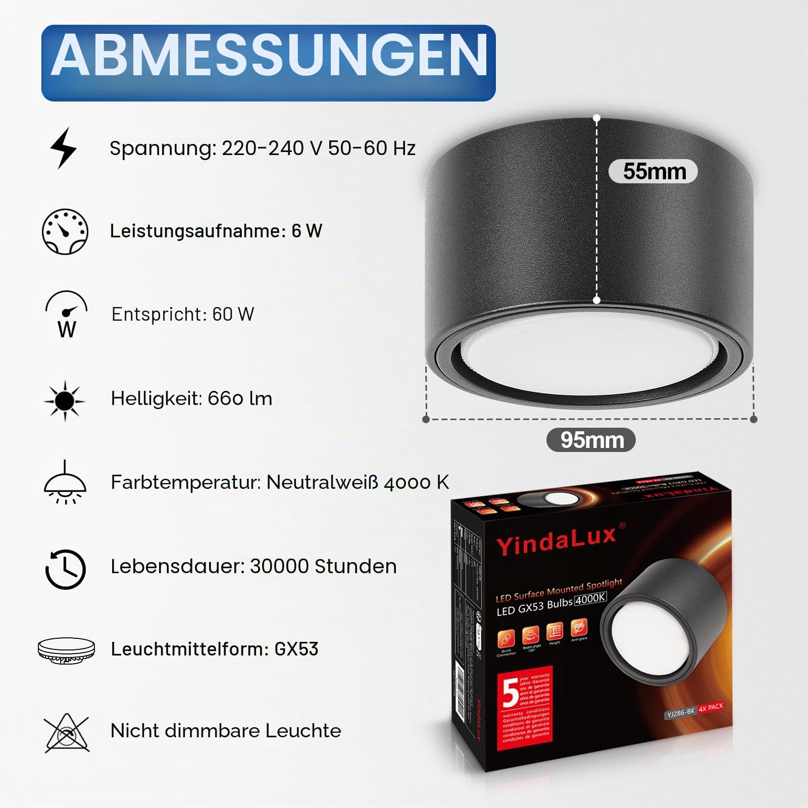 YindaLux 4 Stück LED Aufbauspot Schwarz 230V Ø95x55mm Decken Aufbaustrahle inkl. 6W GX53 Leuchtmittel Neutralweiß 4000K 660LM Deckenspot Aufputz Deckenstrahler mit großer Leuchtfläche Spotleuchte