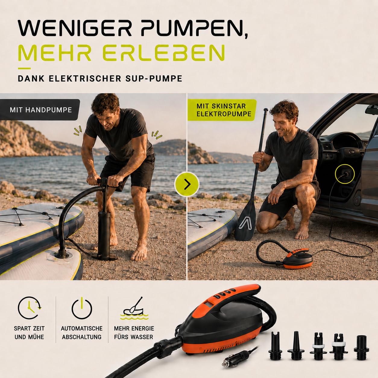 SkinStar Pompa elettrica SUP 20 PSI con display digitale, arresto automatico, collegamento 12 V, funzione di gonfiaggio e aspirazione, con 6 adattatori per SUP, kayak e gommoni