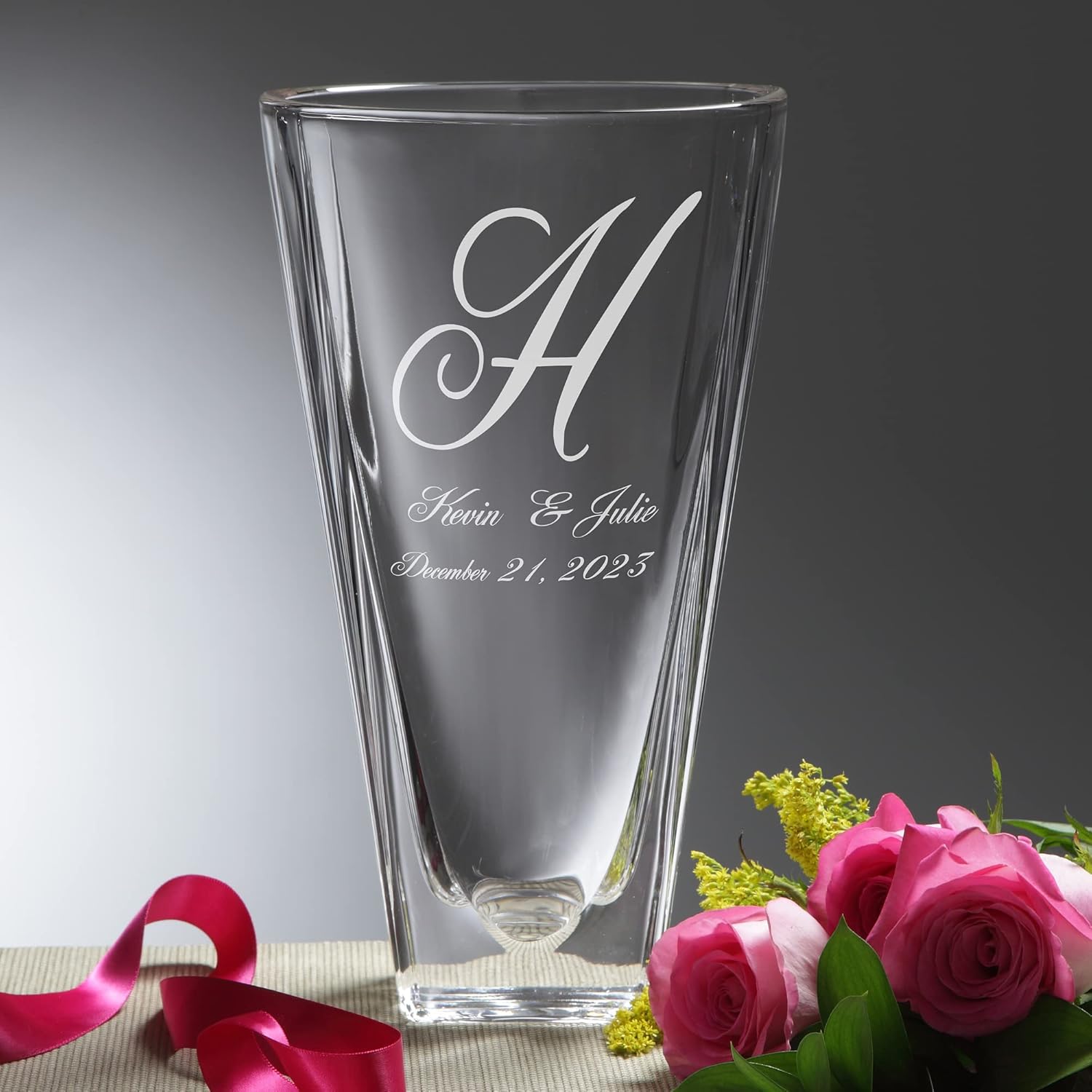 Personalization Universe Lasting Impressions Etched Crystal Vase - Personalized Wedding Gift with Names, Initial & Date
