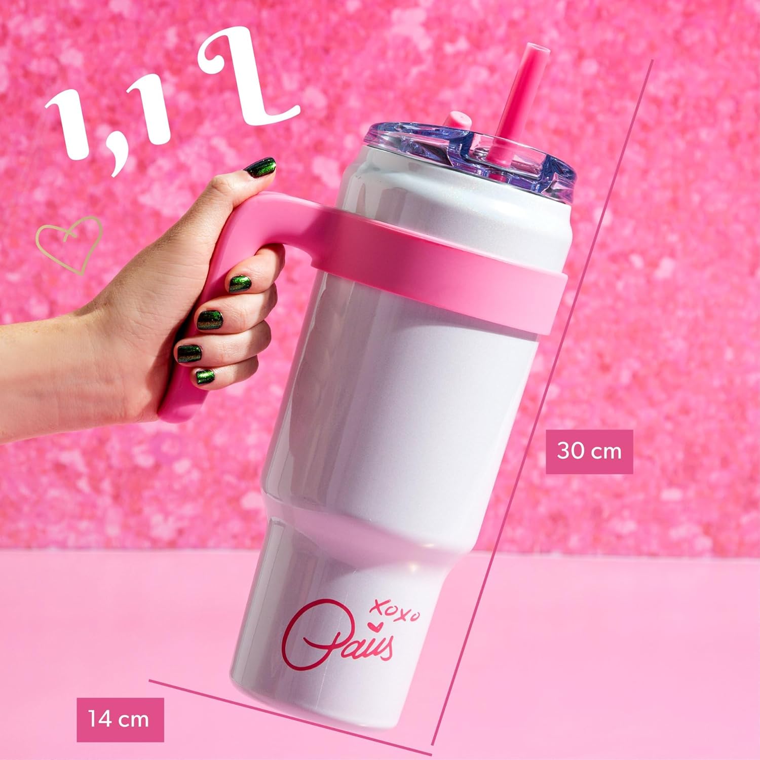 Paris Hilton White Stainless Steel Water Bottle, with Plastic Handle and Straw, 1.1 L, Double Wall Insulated, Sports Bottle, Removable Handle