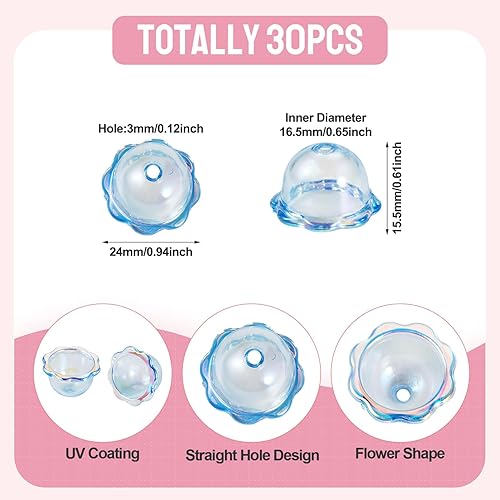 Vista 53 de FASHEWELRY 10 cuentas de cristal hechas a mano, cuentas florales de cristal, cuentas espaciadoras de flores de trompeta transparentes, cuentas