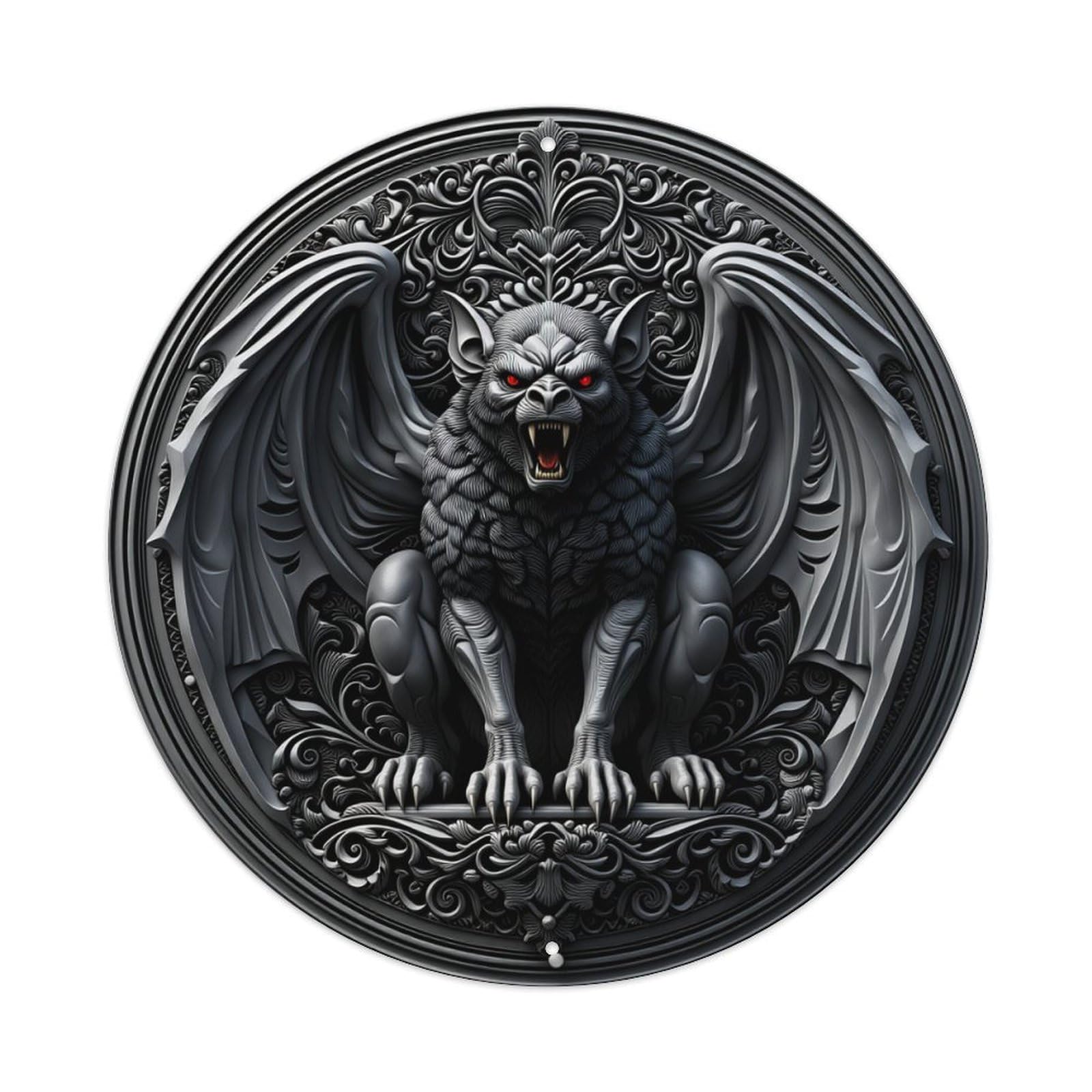 Gargoyle With Wings And Red Eyes On Ornate Background Round Tin Sign Vintage Metal Sign Home Bar Garden Wall Decor Metal Poster 8x8 Inch