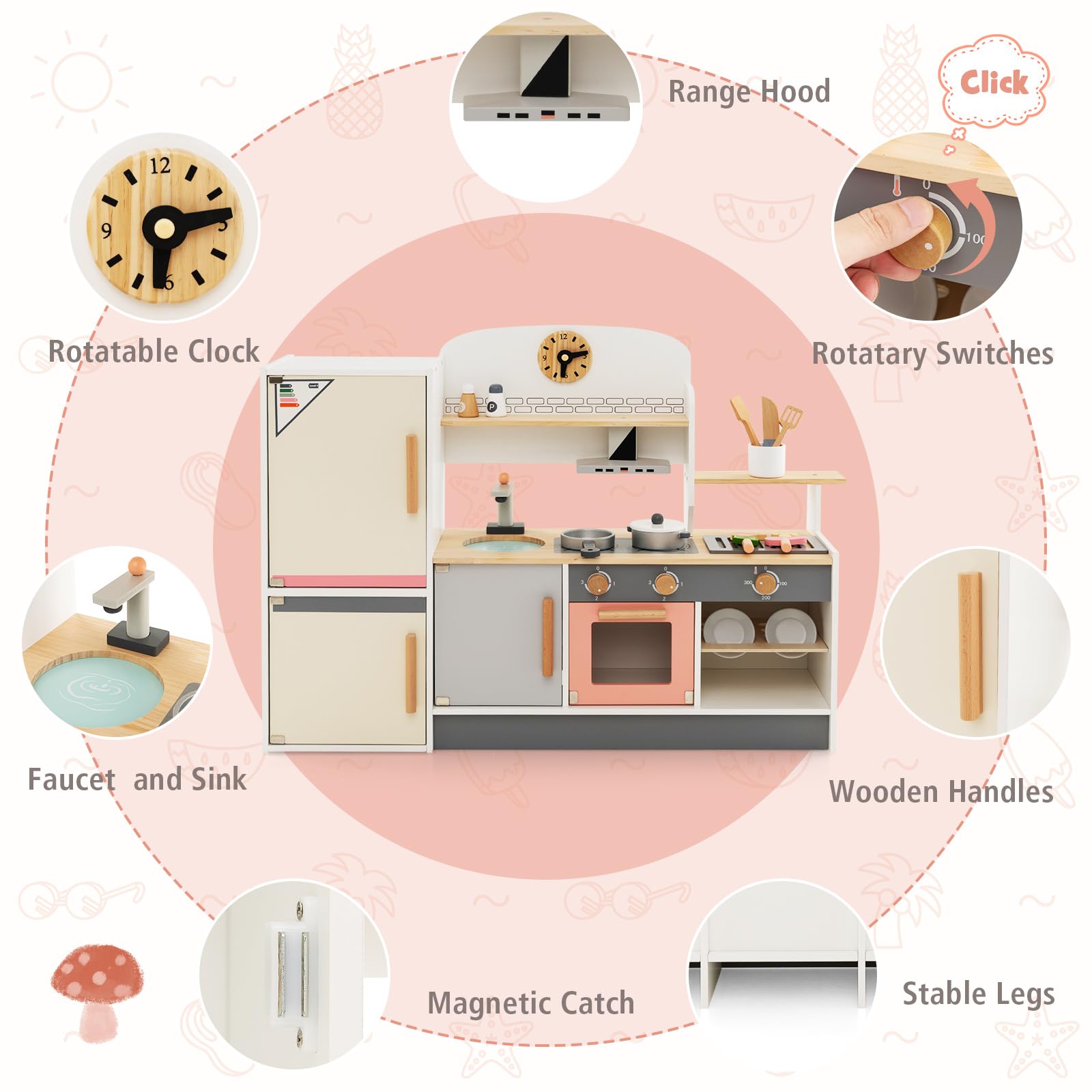 DREAMADE Cuisine Enfant avec Accessoires Abondants, Cuisine en Bois Enfant avec Four, Réfrigérateur, Ustensiles de Cuisine, Jeux d’Imitation pour Enfants 3+ Ans, Cadeau pour Garçons et Filles