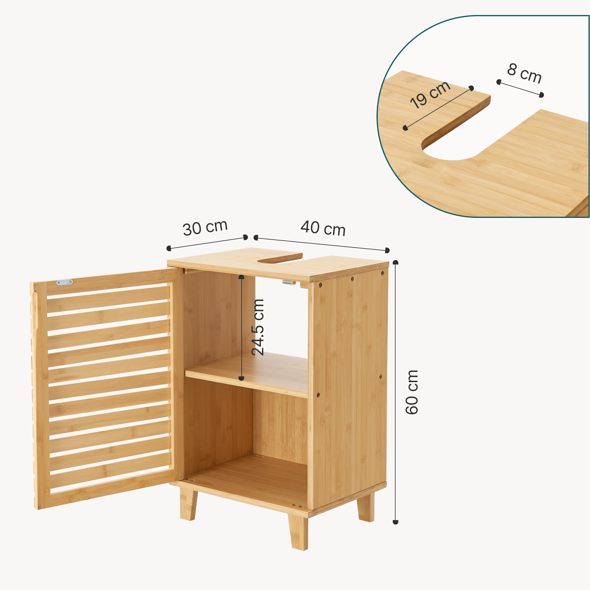 [en.casa] Waschbeckenunterschrank Iveland Badezimmerschrank mit 1 Tür 60 x 40 x 30 cm Badschrank mit 2 Fächern Waschtischunterschrank Bambus Natur