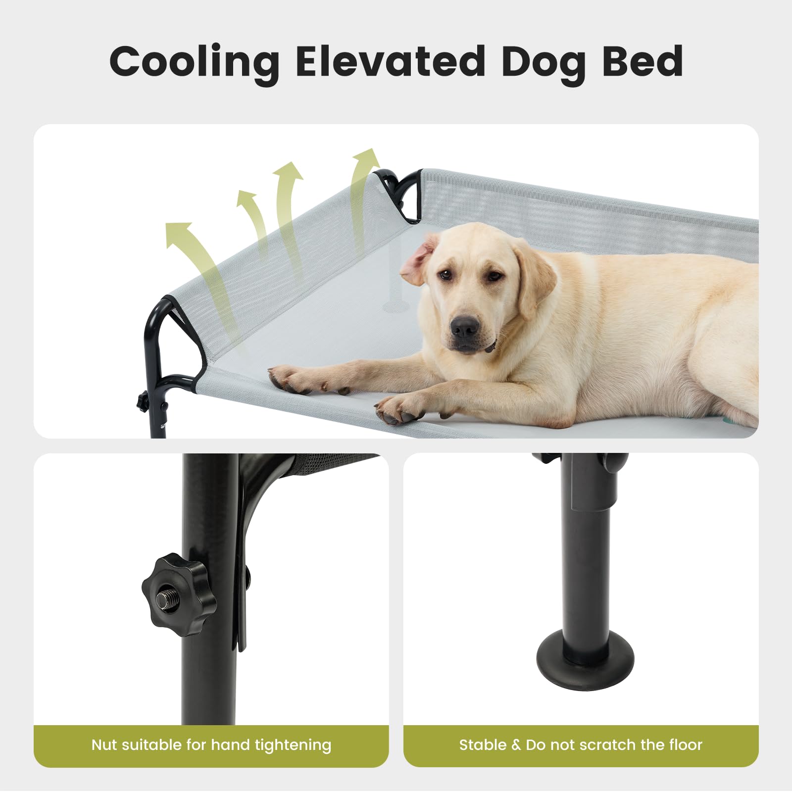 Gardner Pet Letto Rialzato per Cani Taglia Grande e Media, Brandina Traspirante da Esterno e Interno, Cuccia Estiva Resistente ai Graffi per Cani, Struttura in Metallo Robusta-(Nero, L)