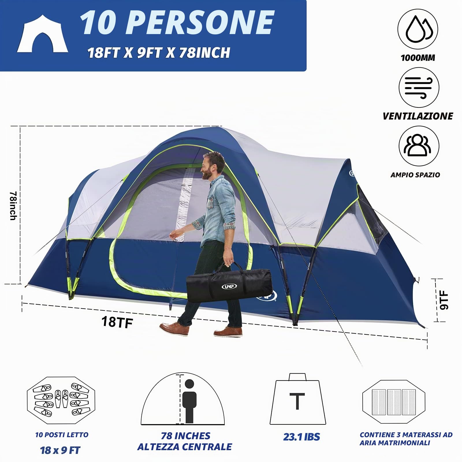 UNP Tenda da Campeggio 10 Persone, Grande Tenda Familiare Impermeabile 1500 mm PU, 549 x 274 x 198 cm, 2 Camere con Divisorio, 5 Finestre in Mesh, Altezza in Piedi, Camping e Festival