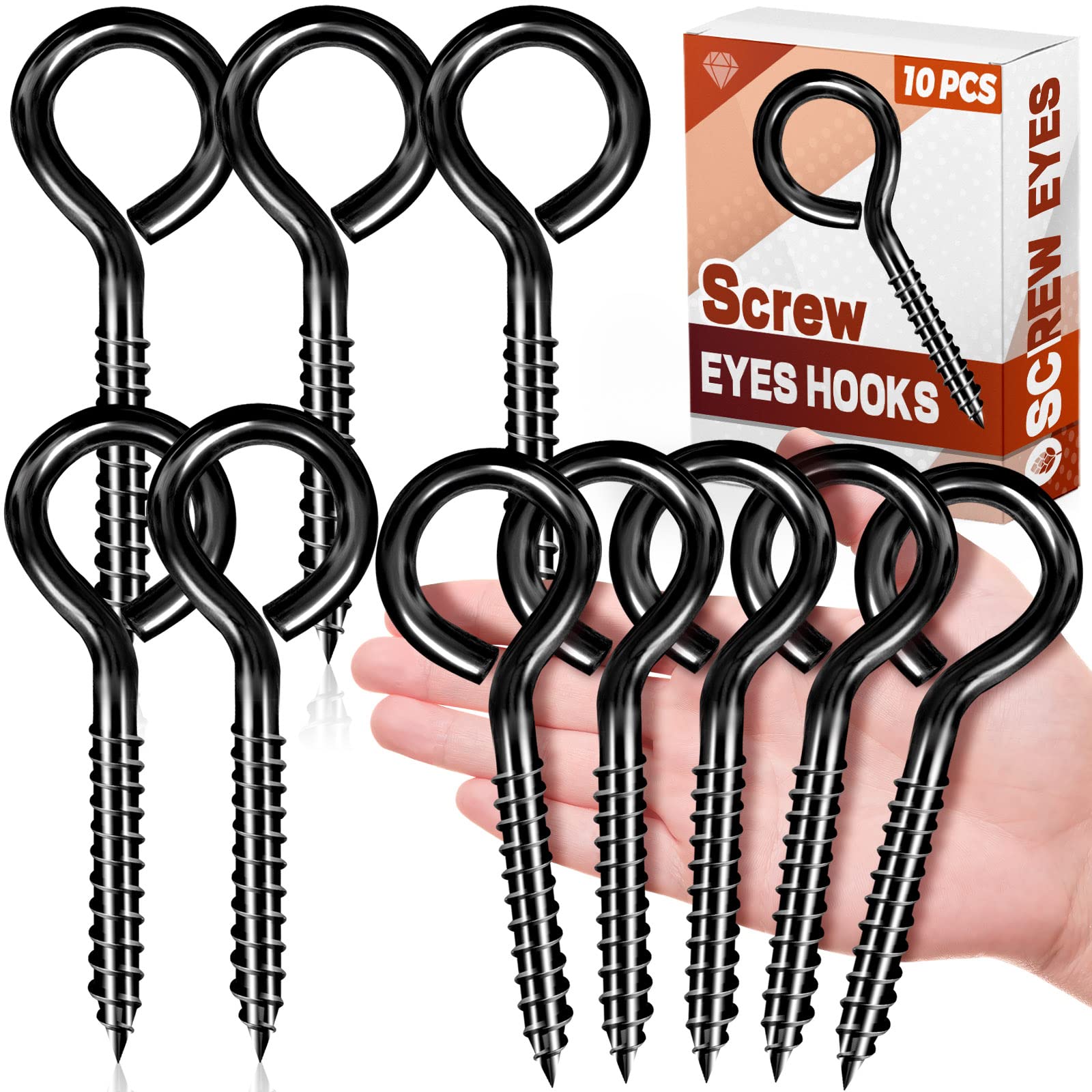 5 Inch Eye Hooks, 10 Pcs Stainless Steel Screw-in Bolts, Heavy Duty Black Large Hooks for Hanging, Tie-Downs, Heavy-Duty Applications