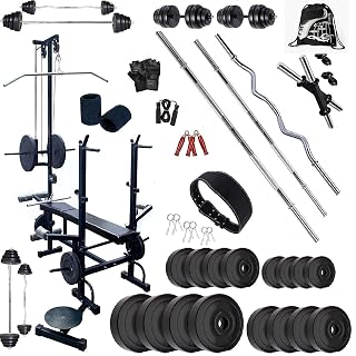 BodyFit Weight Plates 20 In 1 x, Flat Bench Home Gym Fitness Package Exercise Sets (100 Kg), Multicolour