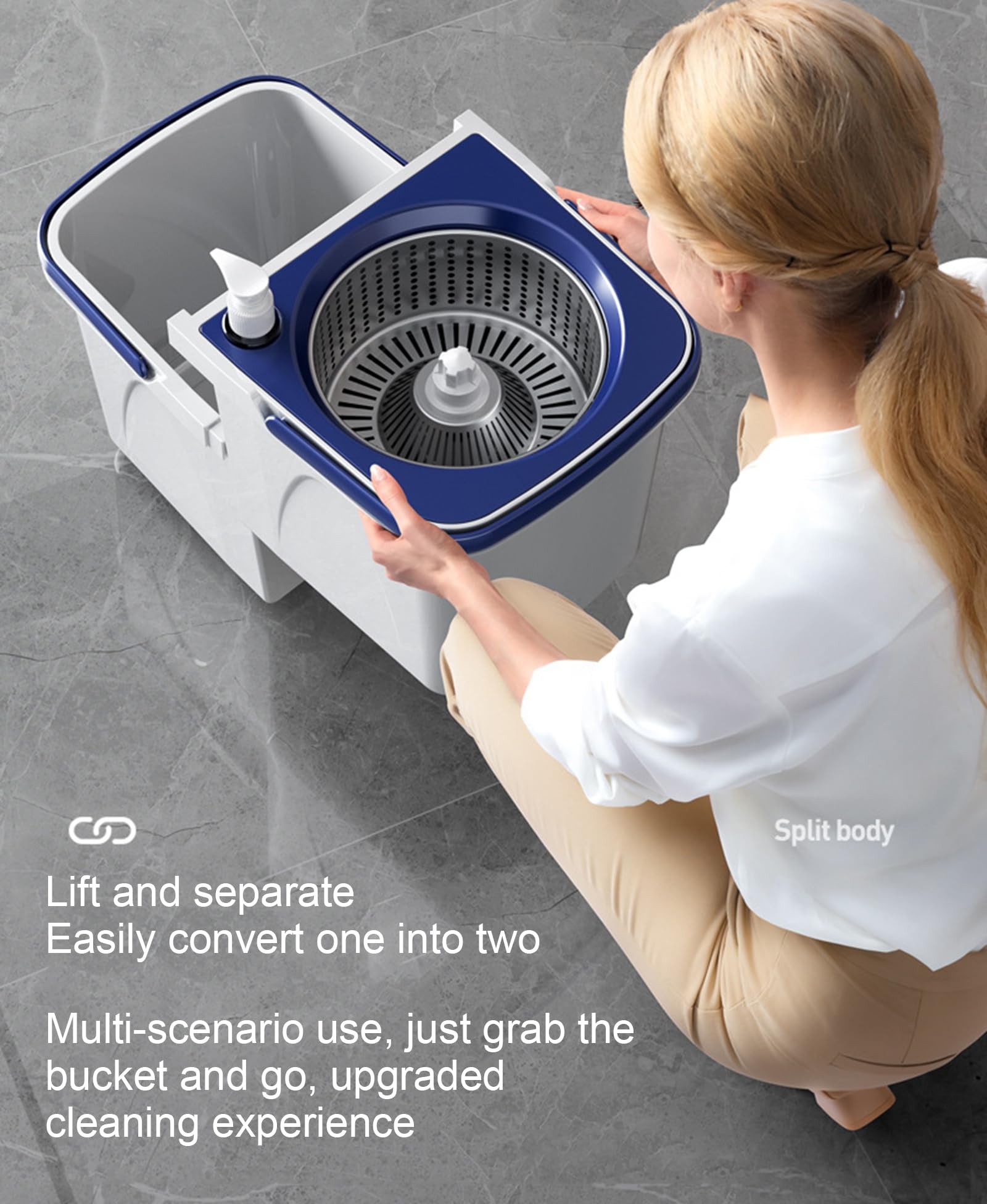 Mopp- und Eimer-Set mit verstellbarem Griff und abnehmbarem Eimersystem, Nass- und Trockenreinigungsset für Böden, kraftsparender Wand- und Bodenreiniger für Haushalt und Küche