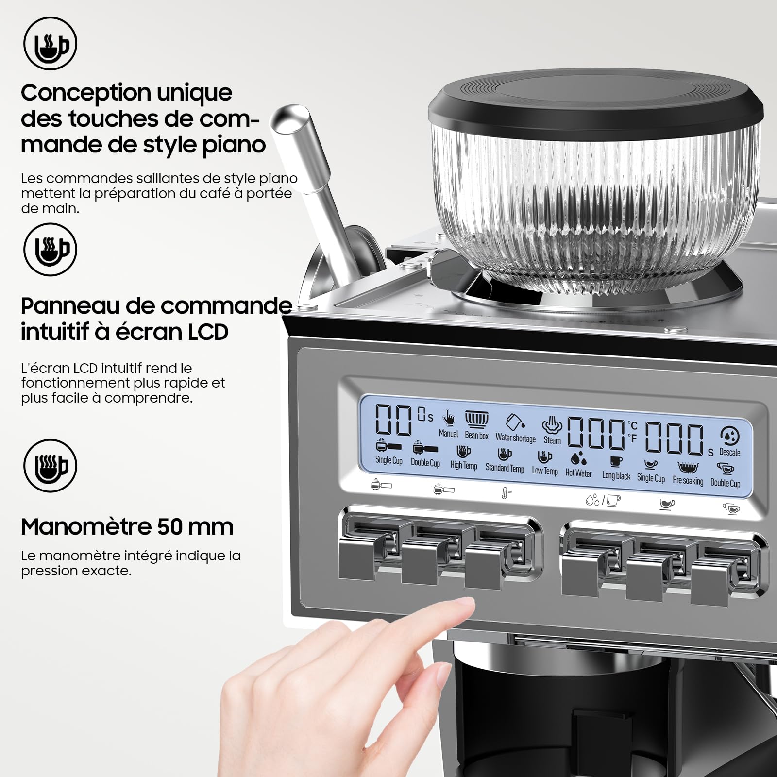 iceagle Machine expresso avec Pompe Italienne de 20 bar, Cafetière a Grain avec Broyeur, Machine à Café avec Mousseur à Lait, Kit Barista, 3 Températures, 25 Niveaux de Mouture, 1,6 litre, Acier Inox