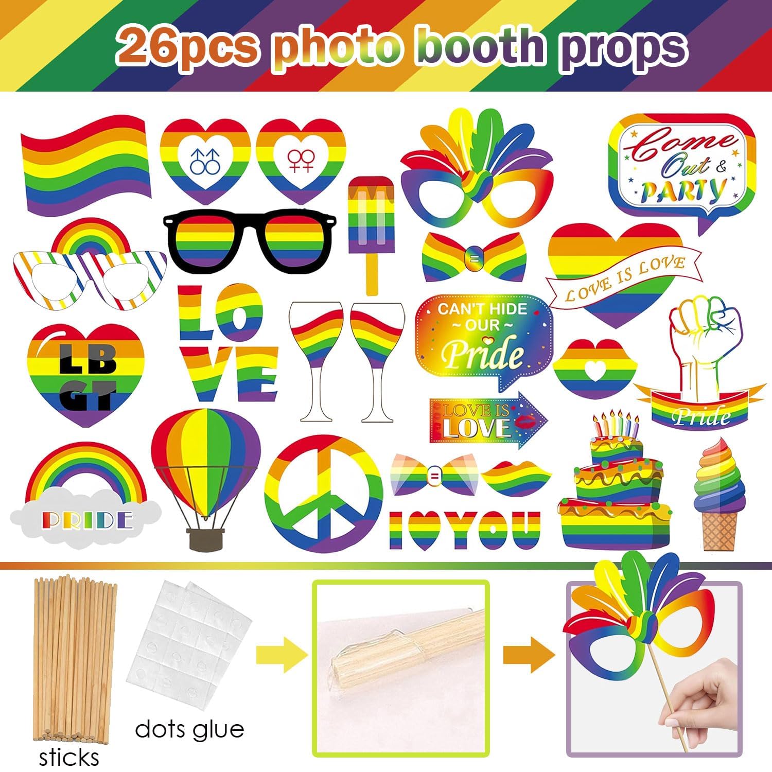 POPOYU 27 piezas de accesorios para cabina de fotos de fiesta de arco iris, kit de accesorios para cabina de fotos de fiesta de arco iris, accesorios de cabina de fotos para el día del orgullo gay