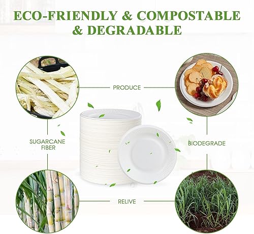 Miniatura 5 de Vplus Platos de papel pequeños 100% compostables, paquete de 300 platos de papel desechables de 6 pulgadas, biodegradables sin recubrimiento, hechos