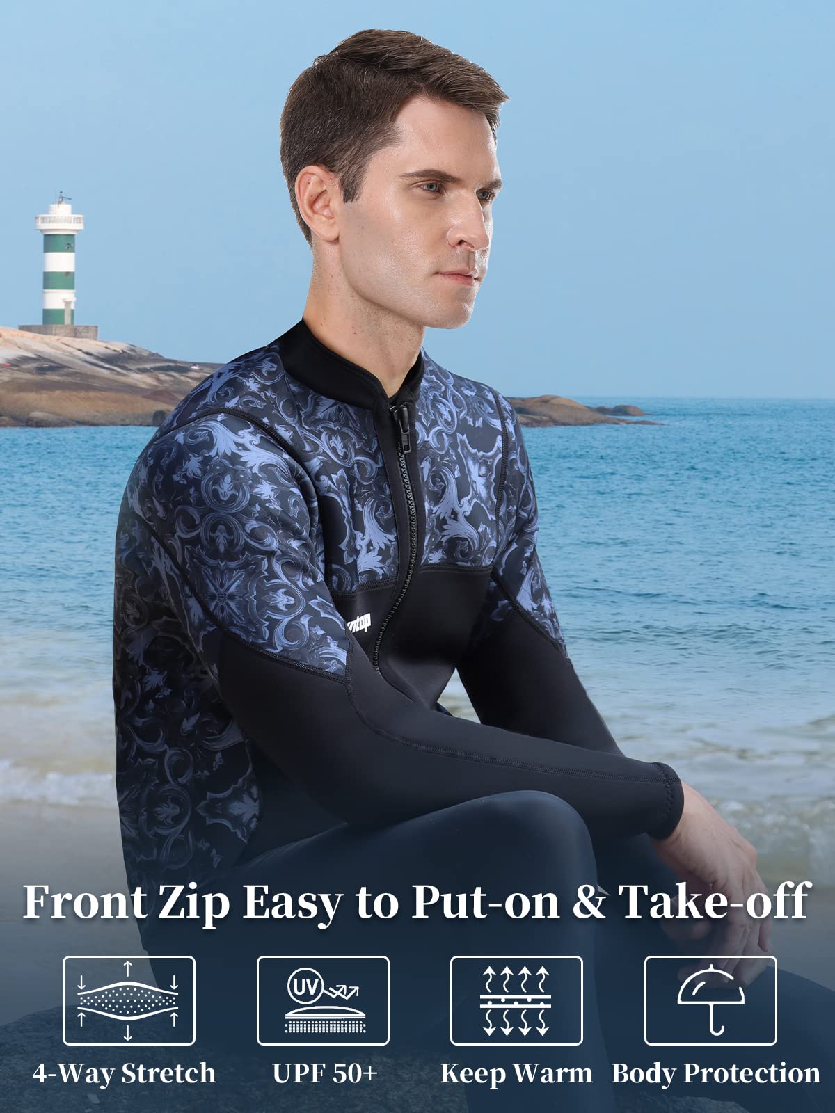 Hommes Femmes Combinaison Haut - Veste de Combinaison en Néoprène 3mm, Combinaison de Plongée Manches Longues Rash Guard pour Plongée Surf Snorkeling UPF 50+, M