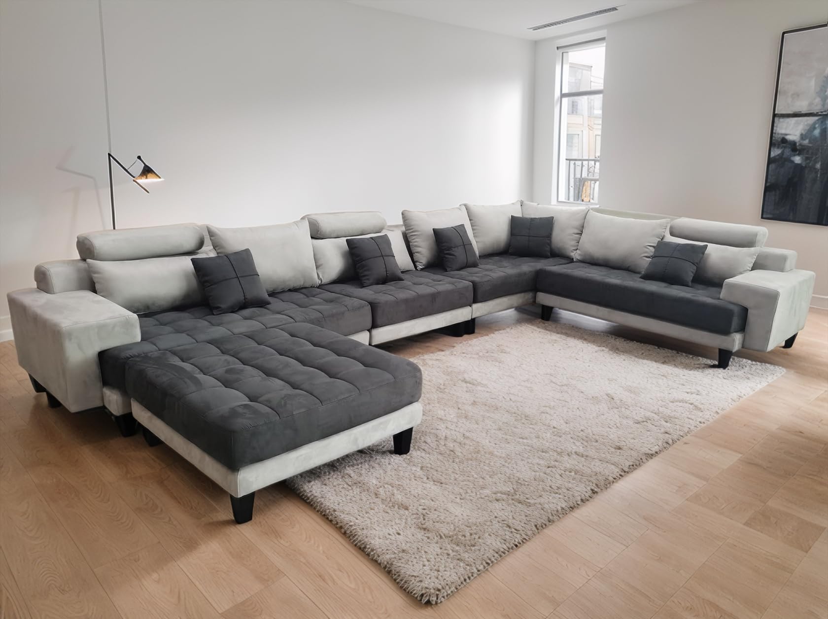 Stendmar L Shape U Shape Reversible Modern Microfiber Fabric Sectional Couch Sofa Set S150D (Gray/Dark Gray)
