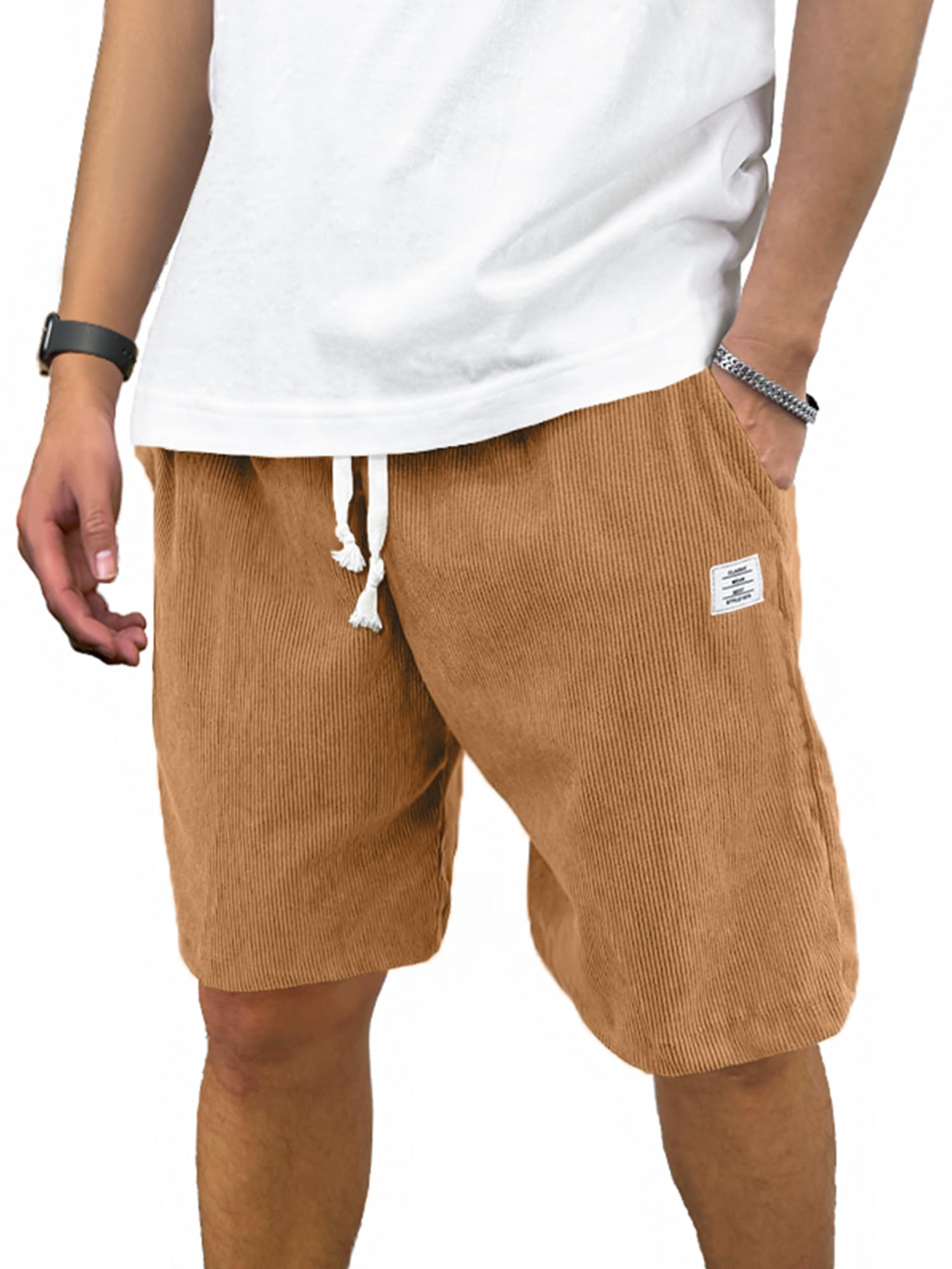 PLEPAN Mens Corduroy Shorts Casual Elastic Waist Drawstring Summer Beach Shorts