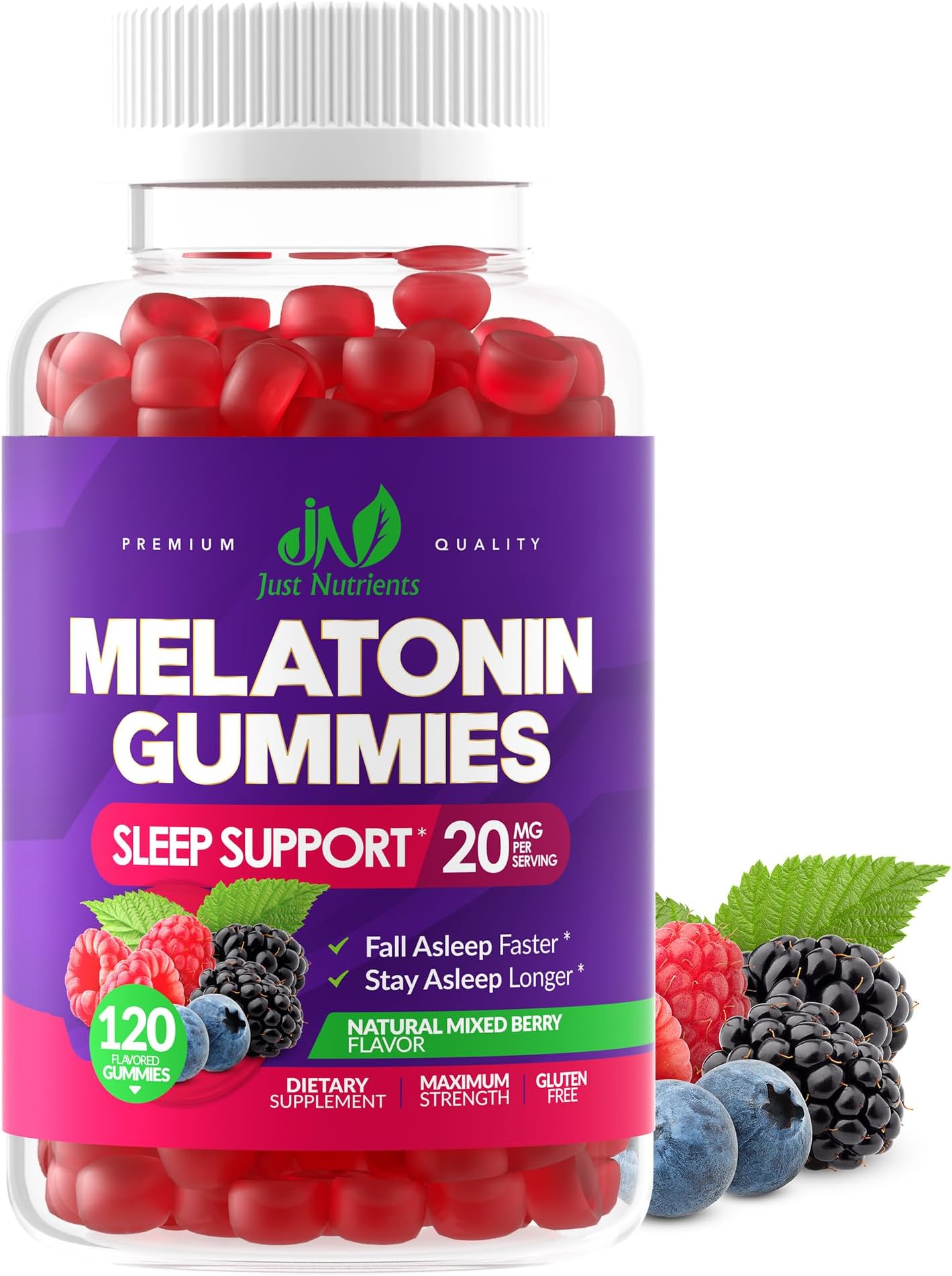 Melatonin 20mg Gummies for Adults (120 Count) - Maximum Strength Sleep Aid with 10mg of Melatonin Per Gummy - Gluten-Free, Non-GMO, Vegetarian, Great Tasting Mixed Berry Flavor - 60 Servings