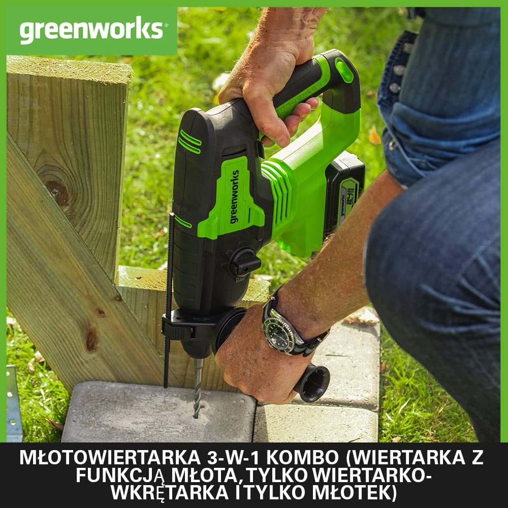 Greenworks GD24SDS2 Młotowiertarka Akumulatorowa SDS z Silnikiem Bezszczotkowym, 0-1000 obr./min, 0-4500 obr./min, Moment Obrotowy 2 Dżuli, BEZ Baterii i Ładowarki 24V