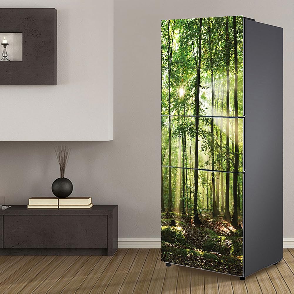 Fridge Wraps Kitchen Fridge Stickers Cover Full Doors, Fridge Sticker Full Covering Door Fridge Covers Skins wall Stickers for Kitchen Decal, Green Woods Sunlight Nature Tree