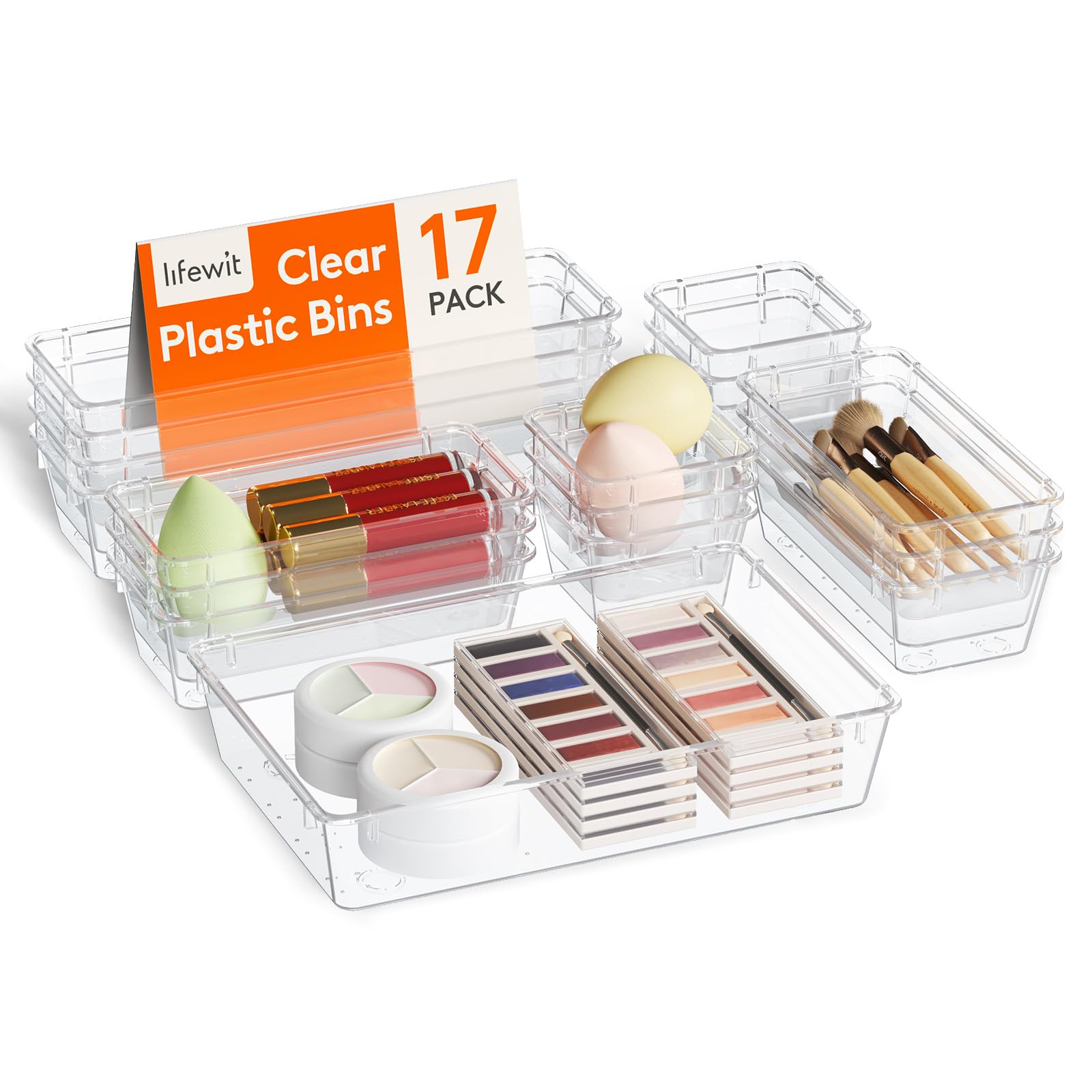 Lifewit 17 organizer per cassetti con 4 misure, per trucchi, in plastica, trasparente, per il trucco, per il bagno, per la cucina, gioielli, camera da letto, ufficio