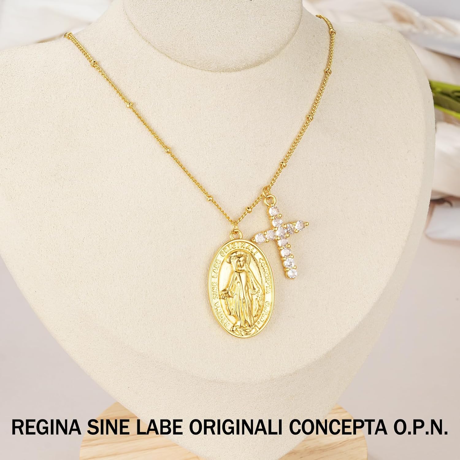 Cross Miraculous Medal Necklace for Women 18K Gold Plated Brass Virgin Mary Cross Necklace for Her - Image 3