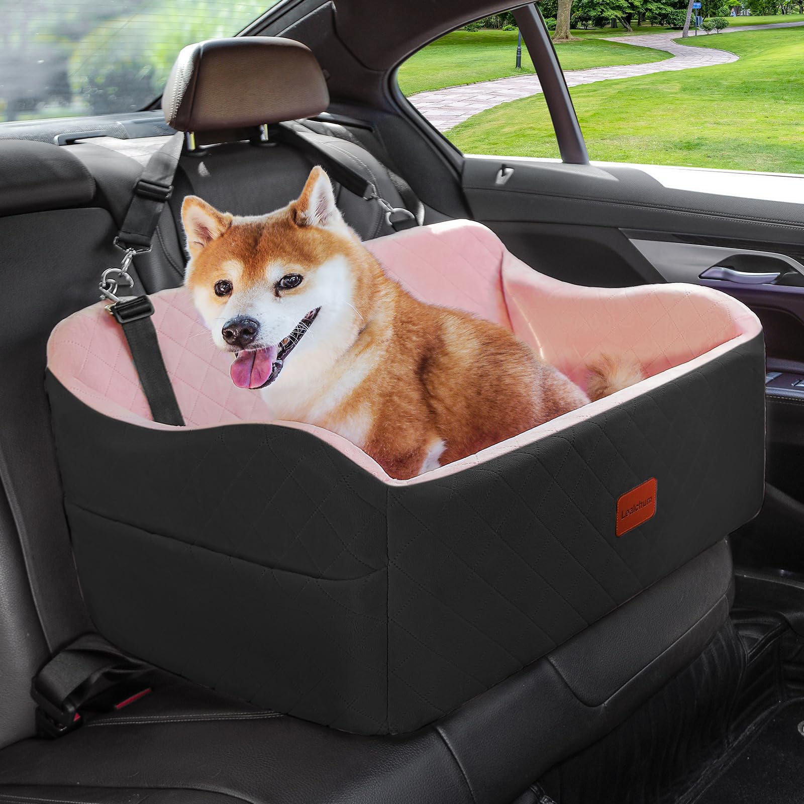 Lealchum Dog Booster Car Seat for Medium Dogs,Two Clip-On Safety Leashs Dog Car Bed for Two Small Dogs, Removable and Washable Comfy Pet Cars Seat,Easy to Install and Clean (Black/Pink, Large)