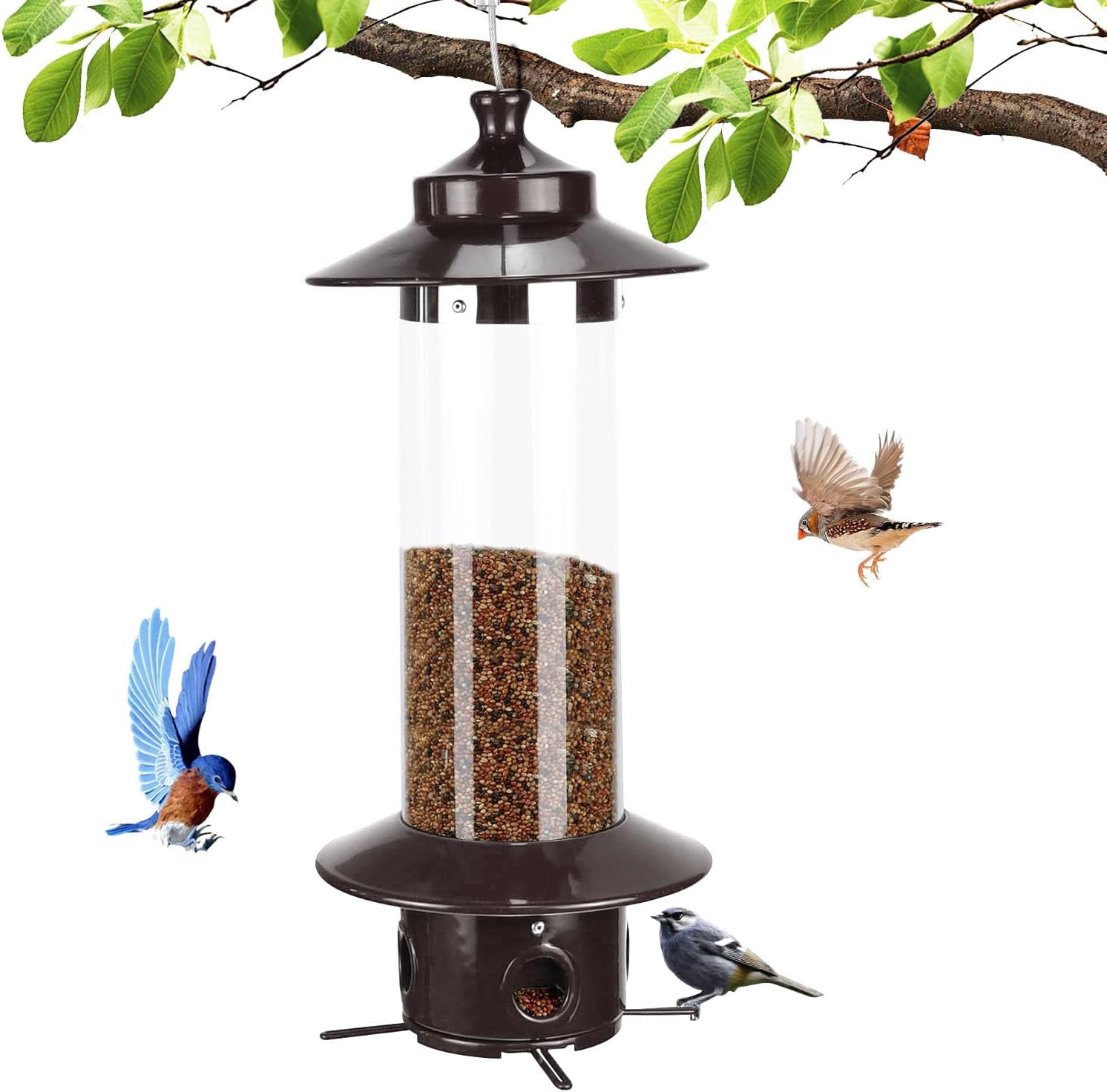 Metal Bird Feeders for Outdoors, Hanging Metal Roof Bird Feeder with 3lb Clear Tube Seed Capacity for Viewing Cardinal Finch, Wild Birdfeeders for Outside Garden Yard Decoration