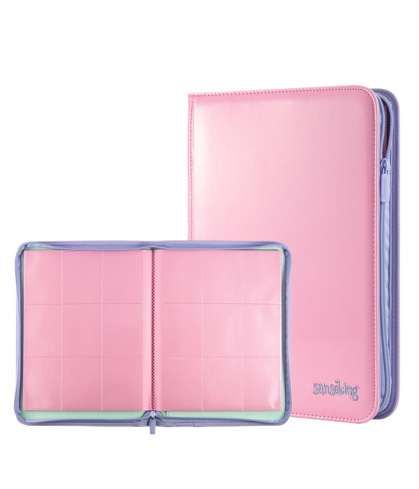 9-Pocket Trading Cards Scrapbook with Zip - 360 Compartments Large A4 Card Holder, Premium Patent Leather, Acid-free & PVC-Free Side Slot for Pokemon, MTG, Yu-Gi-Oh! - Sun Yellow (Pink, L)