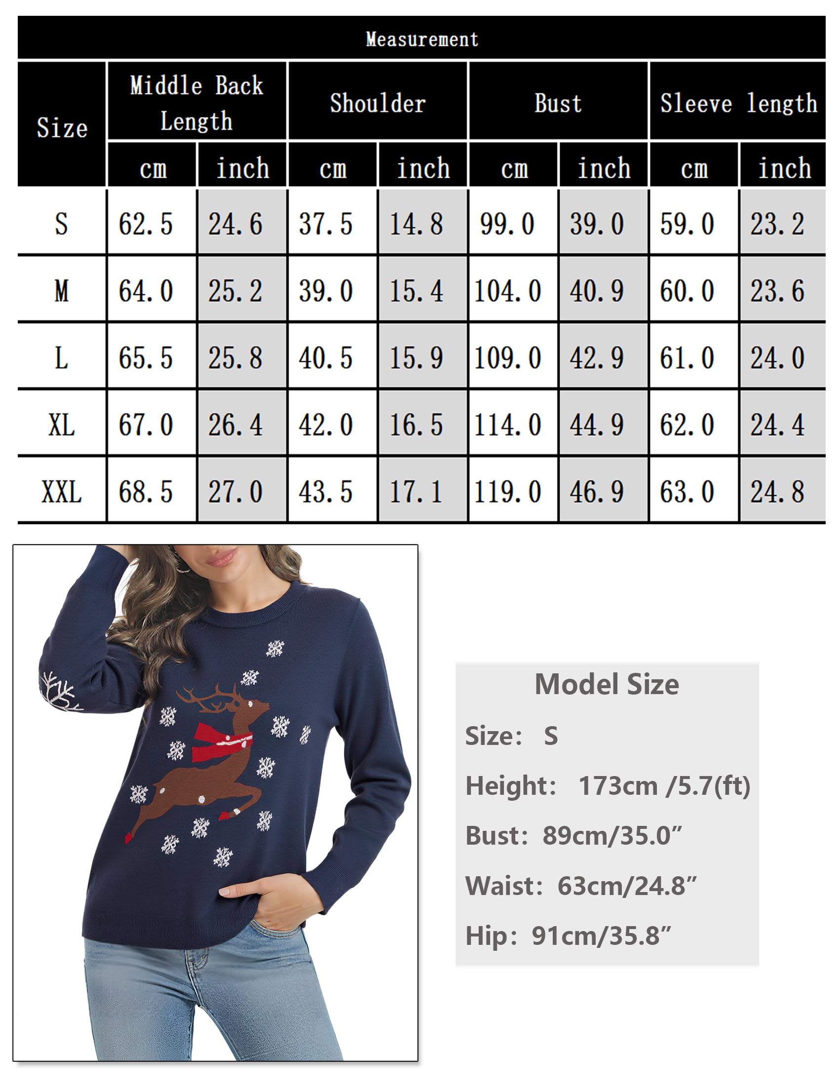 Damski sweter świąteczny sweter zimowy ciepły świąteczny sweter z długim rękawem świąteczny sweter z okrągłym dekoltem świąteczny sweter z nadrukiem renifera, płatek śniegu S-XXL