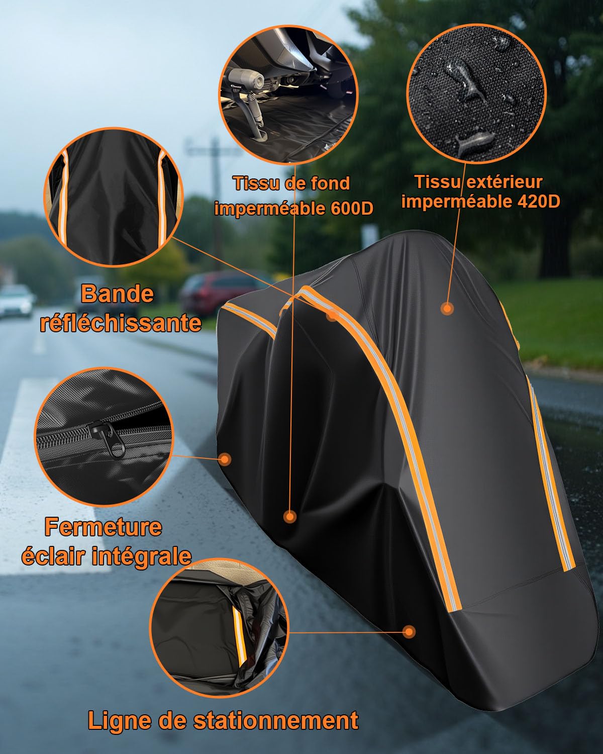 Bache Moto Exterieur Etanche Entièrement Fermée, Housse Moto Imperméable et Résistante aux Poussière Pluie Neige UV Vent pour Scooter Mobylette Moto Street Scrambler 275x115x150cm