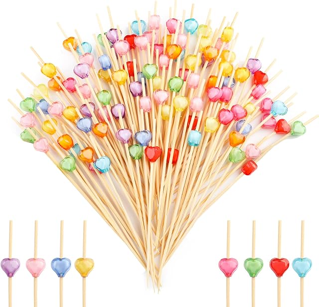 Bekeify Cocktail Sticks 200 Pieces wooden Cocktail Swizzle Picks 12cm Bamboo Colorful Fruit Sticks Various designs Food Garnish Skewers for Sandwiches Snacks Drink Desserts Cake Pastry in Party