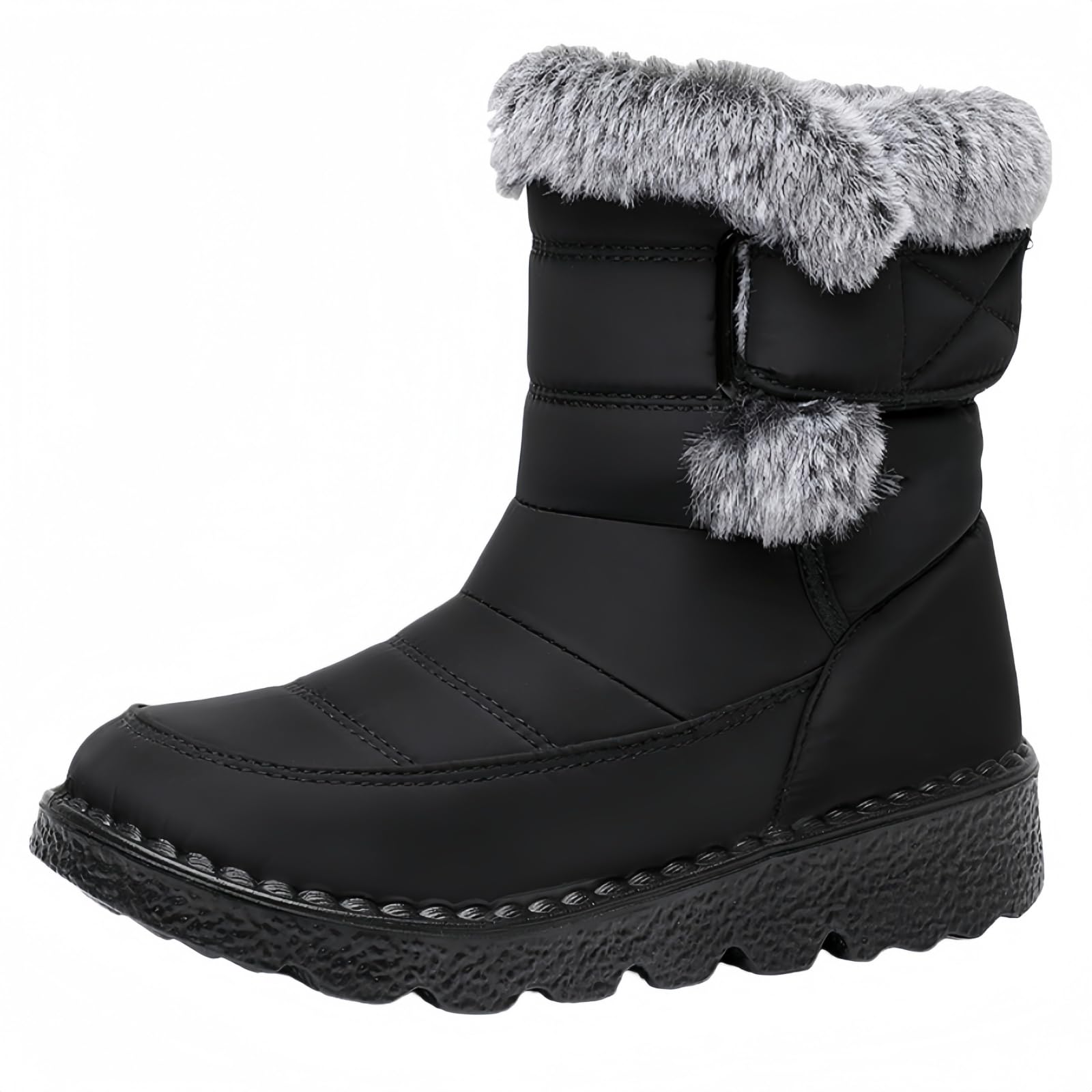 Womens Winter Snow Boots Waterproof Thermal Insulated Warm Mid-Calf Boots with Non-Slip PU Sole Adjustable Strap Closure Warm