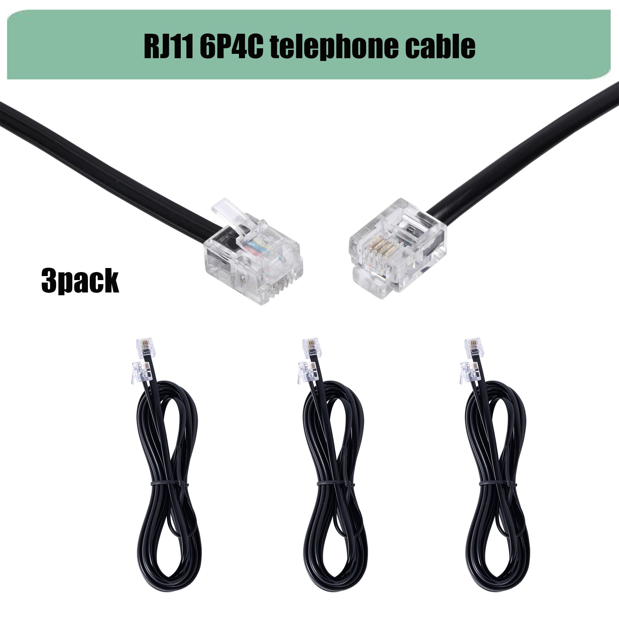 Langes Telefon-Verlängerungskabel, Telefonkabel, Leitungsdraht, mit Standard-RJ11-Stecker und 2,5 cm-Kupplungen und 30 Kabel-Clip-Haltern, Weiß, 1,8 m, 3 Stück, Schwarz