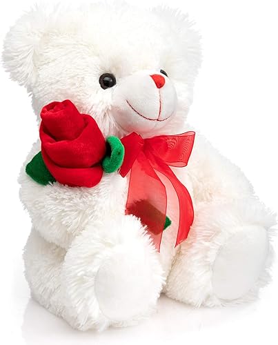 Miniatura 4 de HollyHOME Oso de peluche de oso de rosas con lazo rojo suave juguete de peluche regalo de 12 pulgadas blanco