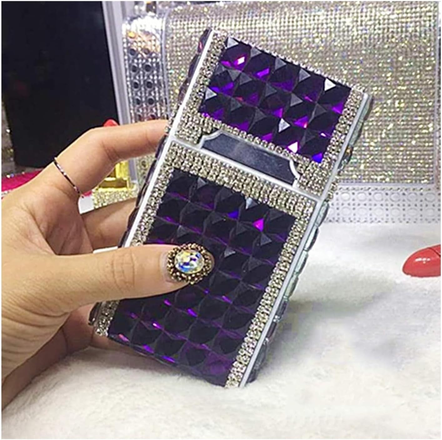 Cigarette case Lighter Cigarette Case-Luxury Electric USB Rechargeable Coil Windproof Flameless Mini Slim and Portable Cigar Holder Pocket Box Glitter Rhinestone Crystal(Purple)