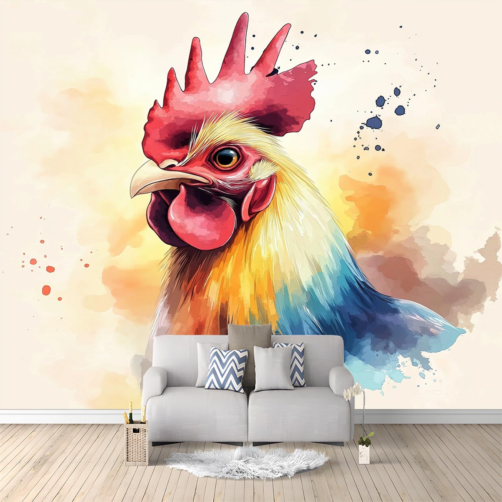 Poster mural coq aquarelle 200 x 140 cm intissé coloré pour grand mur d'accent