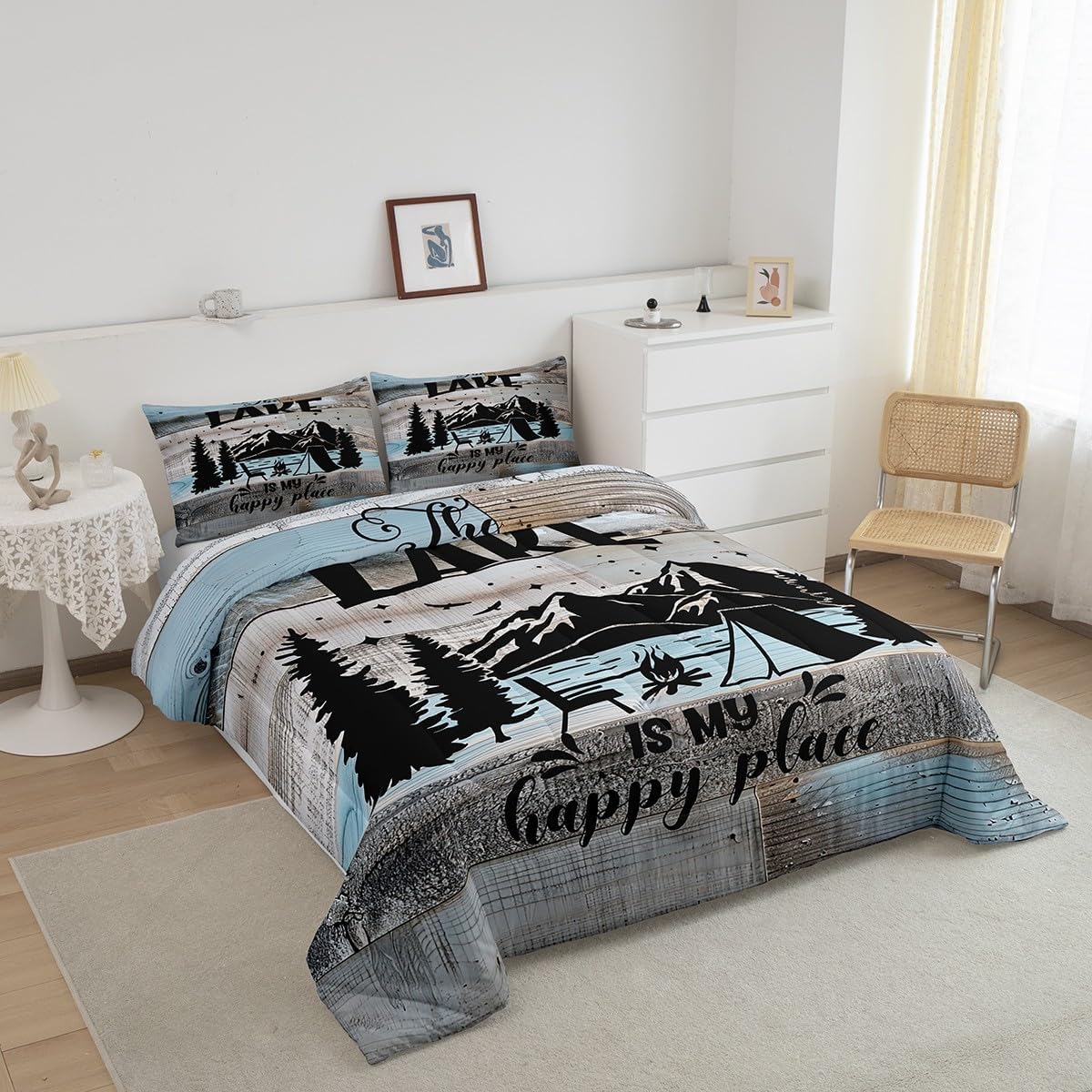 Lake House Decor Comforter Set, Camping House Bedding Sets King, Rustic Farmhouse Lodge Duvet Insert Gifts For Lake House, Country Retro Wooden Quilted Duvet Cabin Room Decor With 2 Pillow Cases