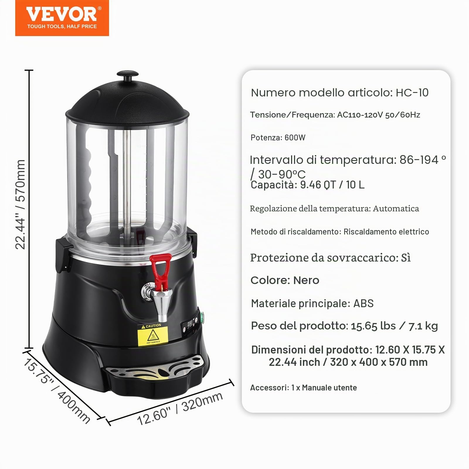 VEVOR Distributore di Cioccolata Calda 10 L Macchina per Cioccolata Calda con Intervallo di Temperatura Regolabile 30 ℃ a 90 ℃ con Serbatoio ABS di Alta Qualità con Distributore, per Bevande Calde