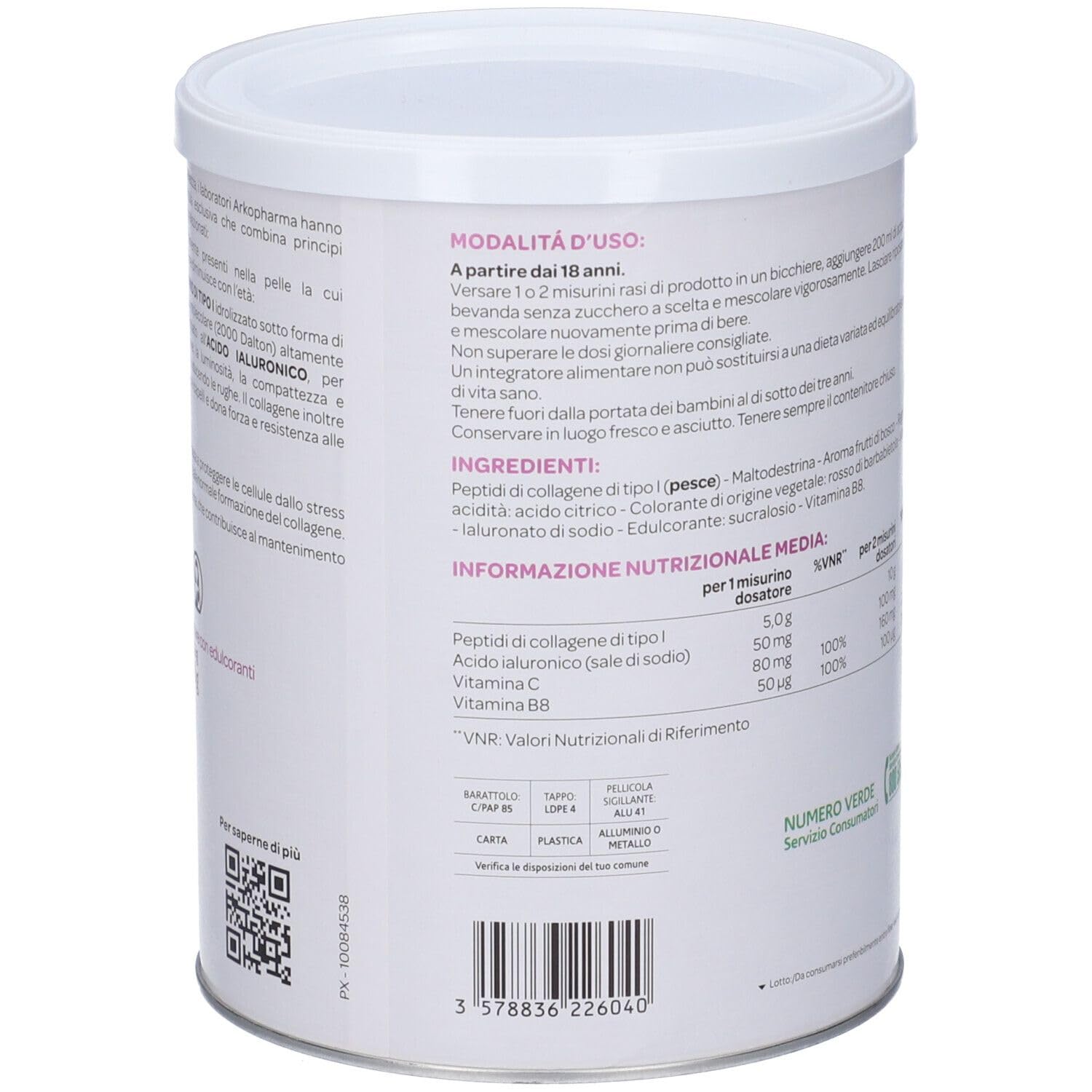 Arkopharma Collagene Capelli, Pelle e Unghie | Integratore Alimentare in Polvere, Collagene Marino con Acido Ialuronico, Vitamina C e Biotina - 1 Confezione da 260g