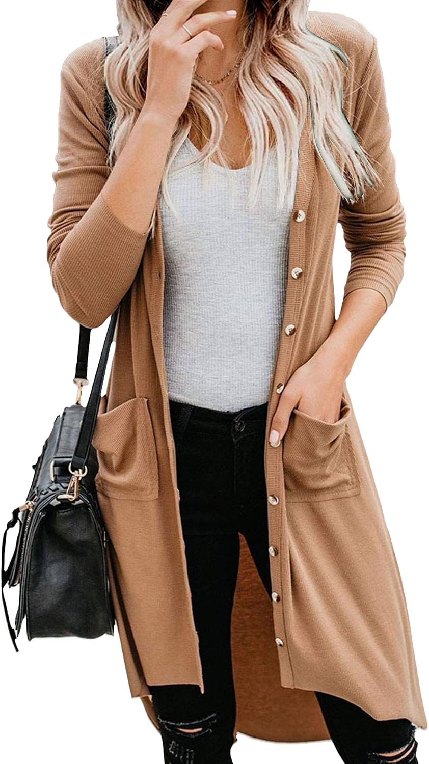 Women's Button Down Stylish Pocket Long Sweater Open Front Comfort Warm Sweater Solid Cardigan Knit Sweaters