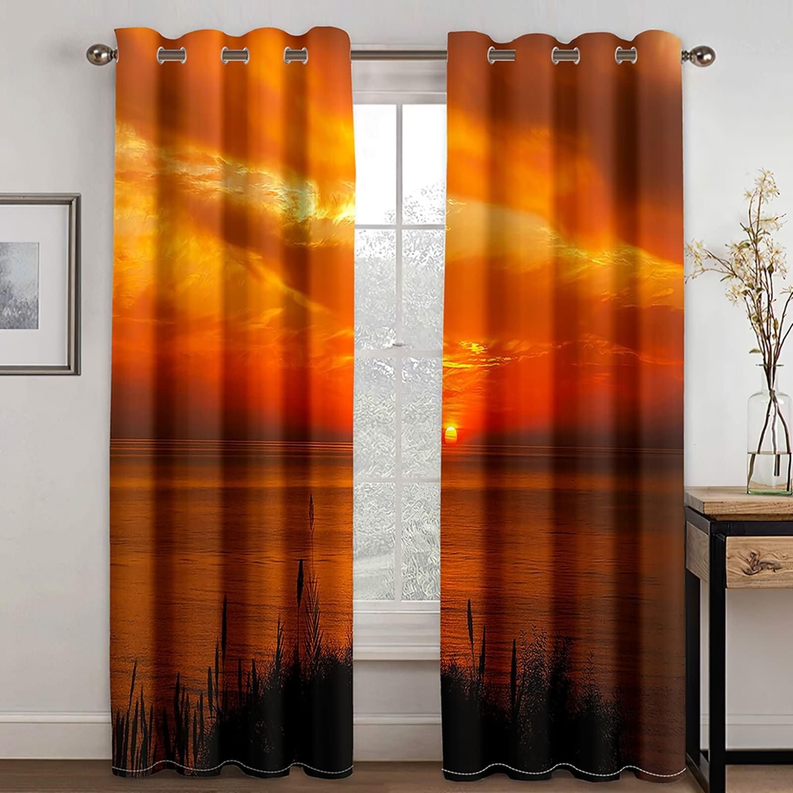2 Pezzi Tende Blackout Oscurante,2 x 102W x 183H CM,Tenda Occhiellata Paesaggio Marino e Tramonto Tende da Salotto Marrone Arancio