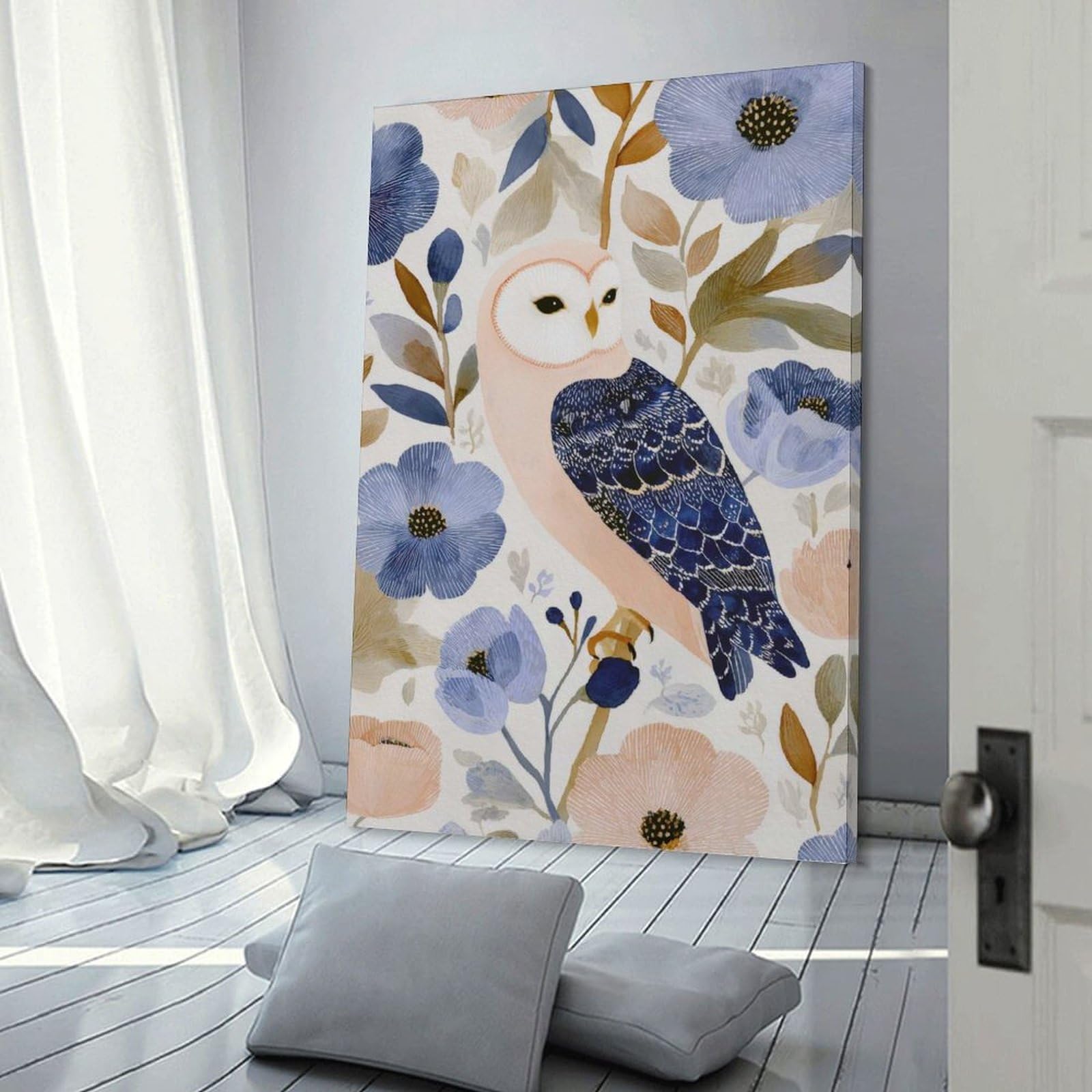 Junmoney Canvas Art Print Owl in Floral Watercolor Illustration, 24x36inch(60x90cm), for Office, Study Or Home Workspace, Home Office Artwork with Decorative Appeal
