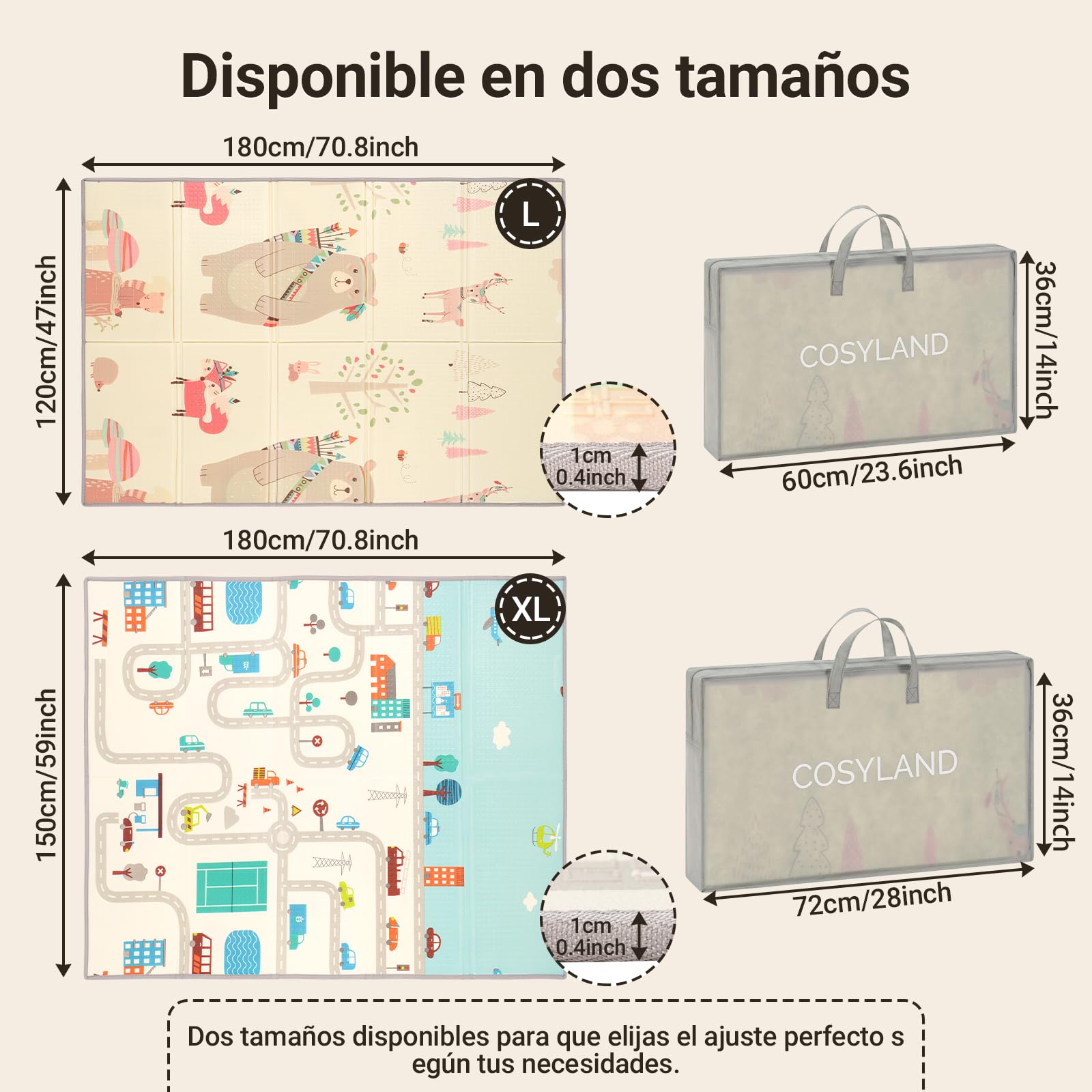 COSYLAND Alfombra Bebé Acolchada Plegable XPE Reversible, Tapete de Juegos Infantil Antideslizante e Impermeable para Suelo, Colchoneta Bebé, Oso Gordito y Ciudad de Coches, 120 x 180 x 1 cm