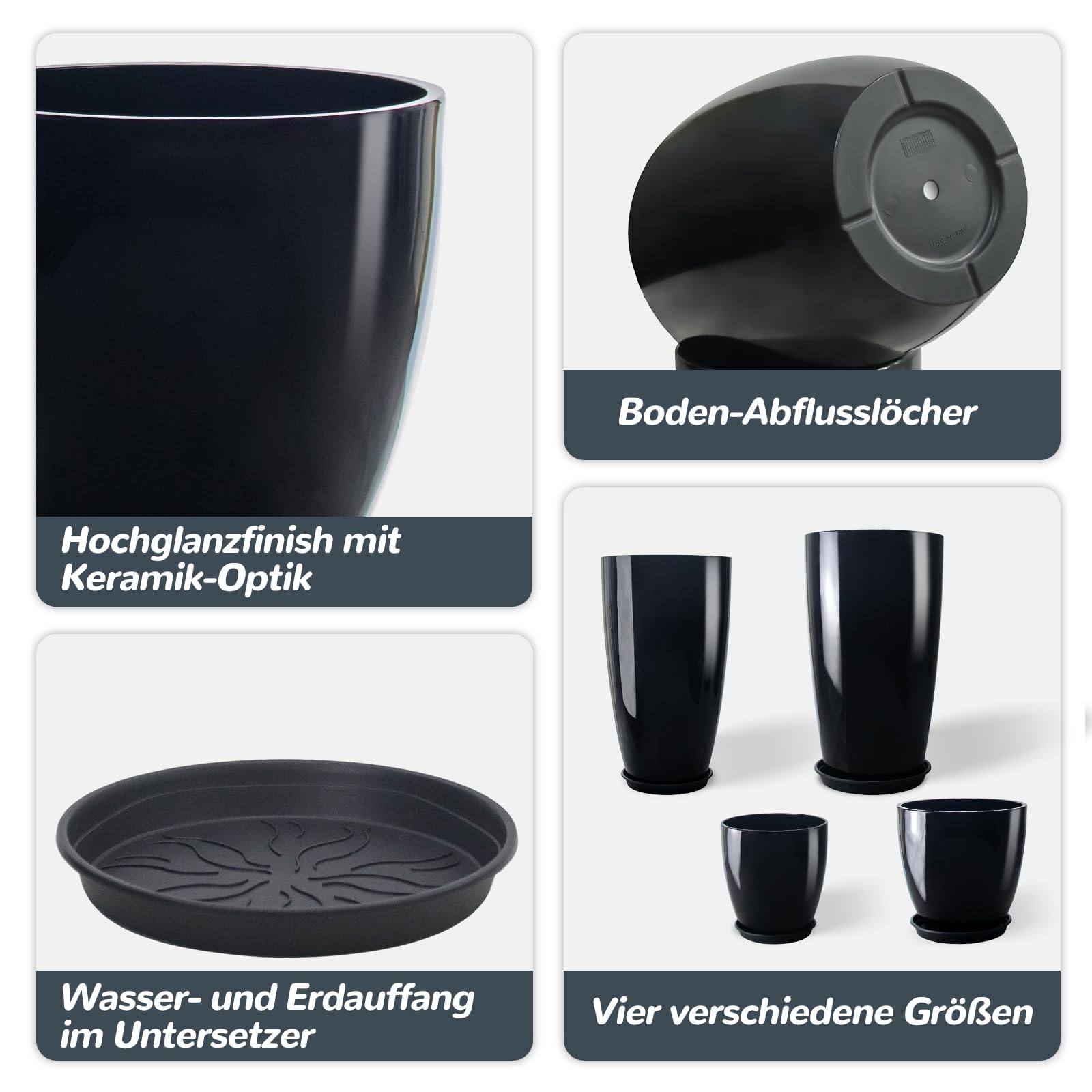 ZMTECH Blumentöpfe 25/30/35,5/30 cm Durchmesser, 26/30/53/61 cm Hohe Pflanzentöpfe mit Abflussloch Untersetzer für Innen/Außen Pflanzen(4er-Set, Schwarz)