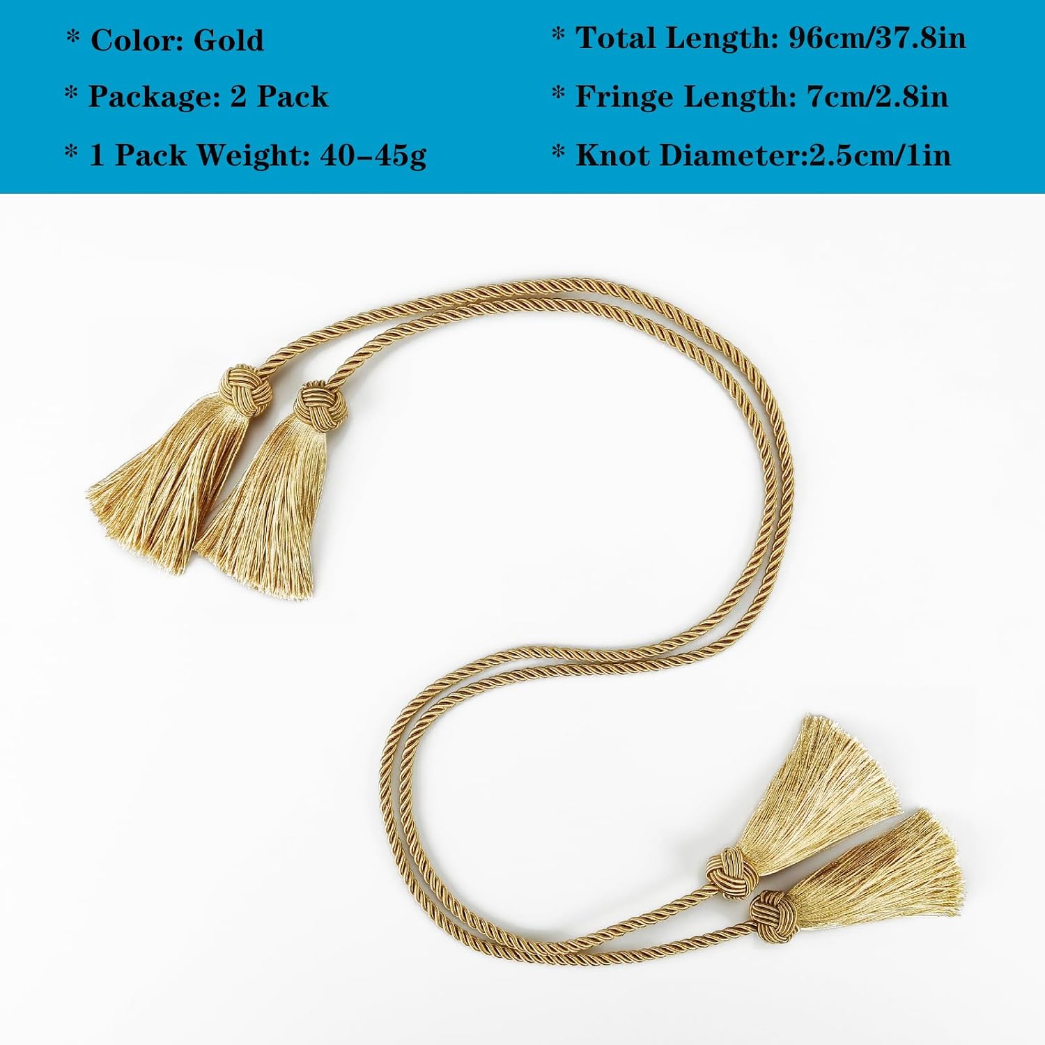 Elegant Curtain Tiebacks Rope Decorative Curtain Tie Backs for Drapes Hand Woven Window Treatment Holdbacks with Tassel, Gold 2pack