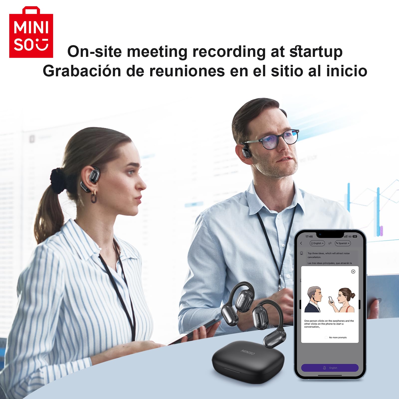Écouteurs MINISO Traduction Temps Réel OWS - 135 Langues, Bluetooth 5.4, Oreille Ouverte - Pour Voyages Et Affaires