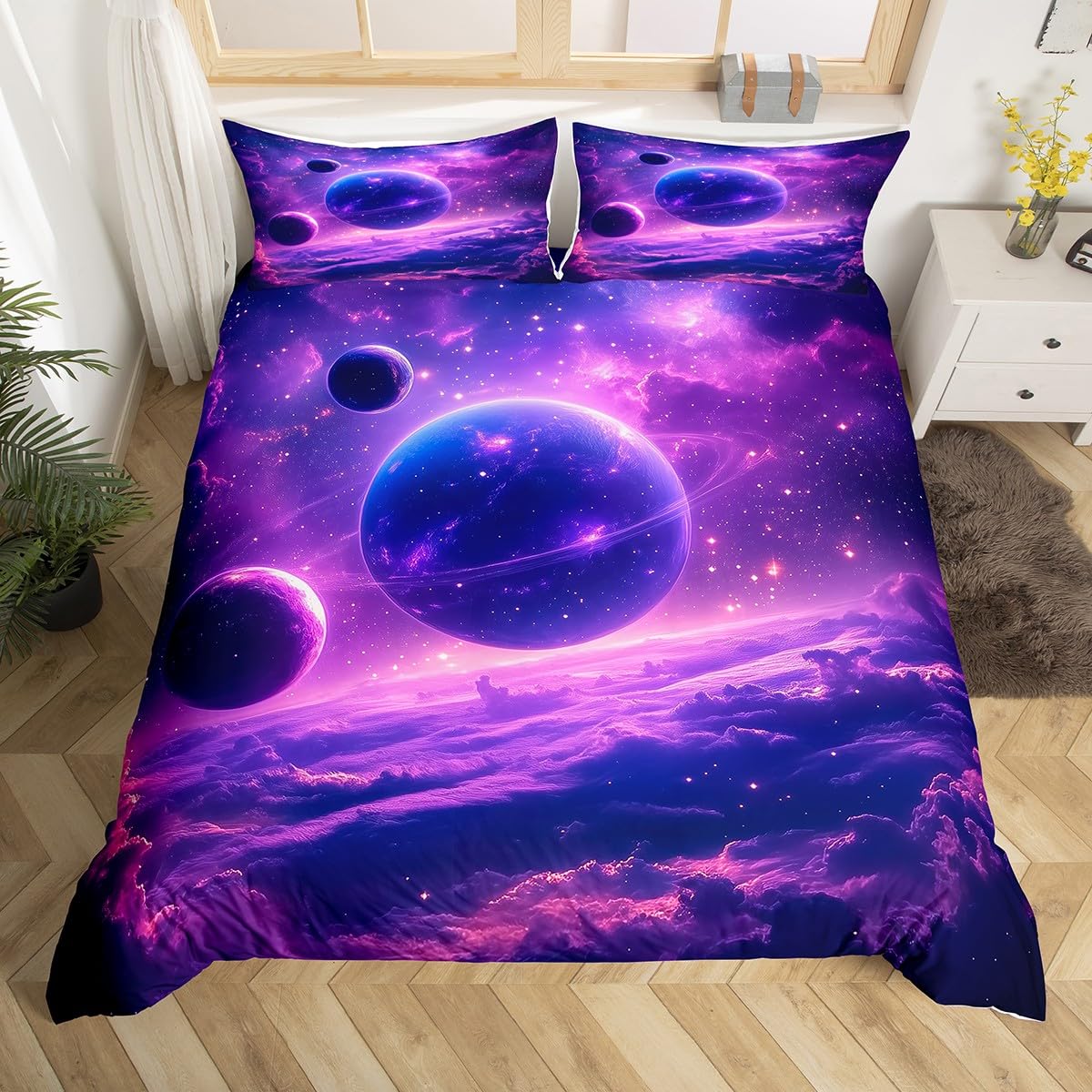 Universe Duvet Cover Queen Size for Kids Boys Teens,Dreamy Planet Purple Nebula 3 Pieces Duvet Cover,Magic Outer Space Landscape Soft Comforter Cover (Not Comforter),Glitter Starry Sky Quilt Cover