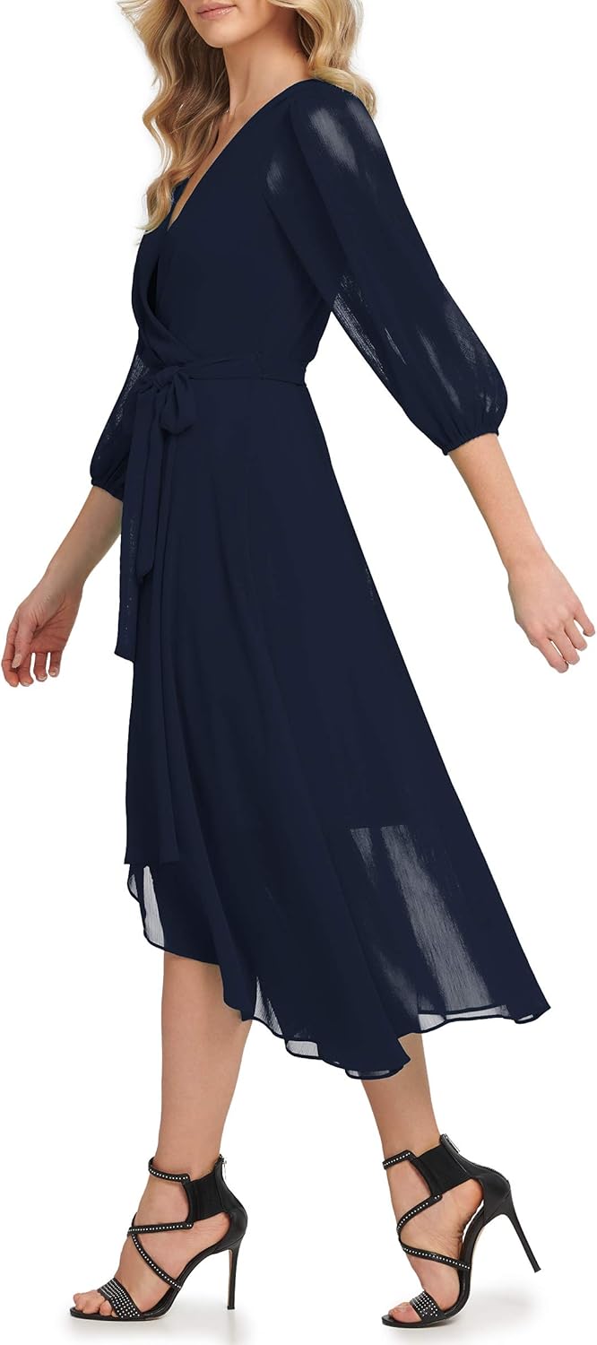 DKNY Womens Half Balloon Sleeve Faux Wrap Midi Dress - Image 3