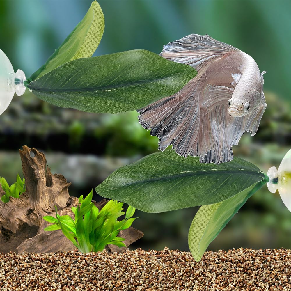 MiOYOOW Feuille Lit Betta, Coussin Feuilles Plantes d'aquarium avec Ventouse Décorations Feuilles Plantes d'aquarium pour Simuler l'habitat de Repos des Poissons