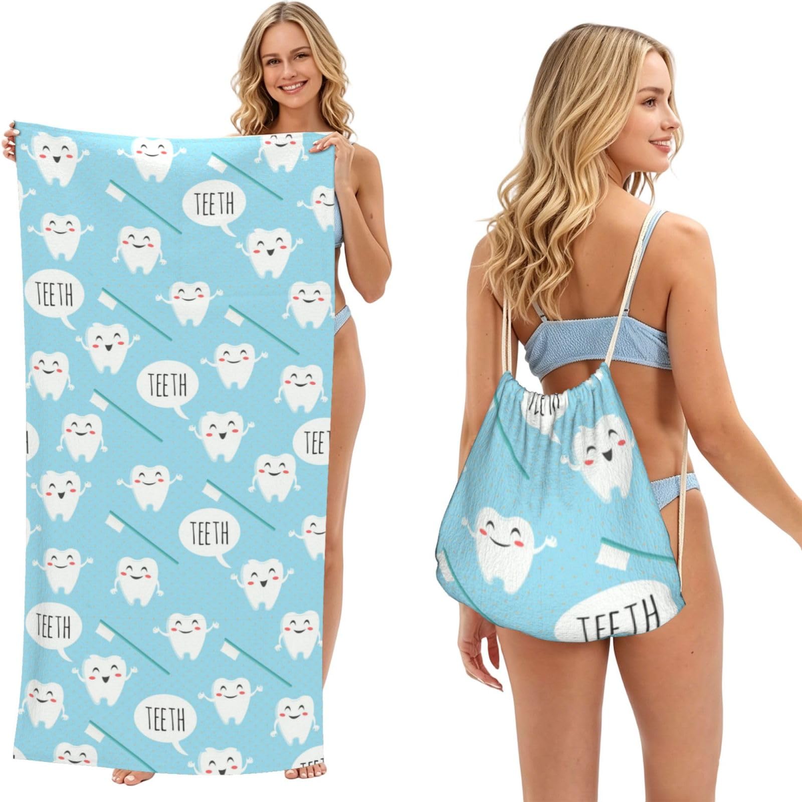 Poadnly As Picture Tooth, 2 In 1 Packable Towel Bag, Beach Towels With Drawstring Backpack For Travel Holiday Camping
