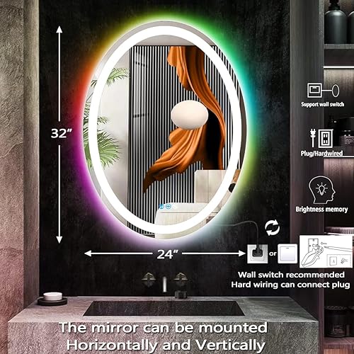 Miniatura 6 de THEKLA Espejo ovalado LED ovalado de 24 x 32 pulgadas con 3 luces delanteras de color + RGB arcoíris que cambia de color, espejo de tocador ovalado